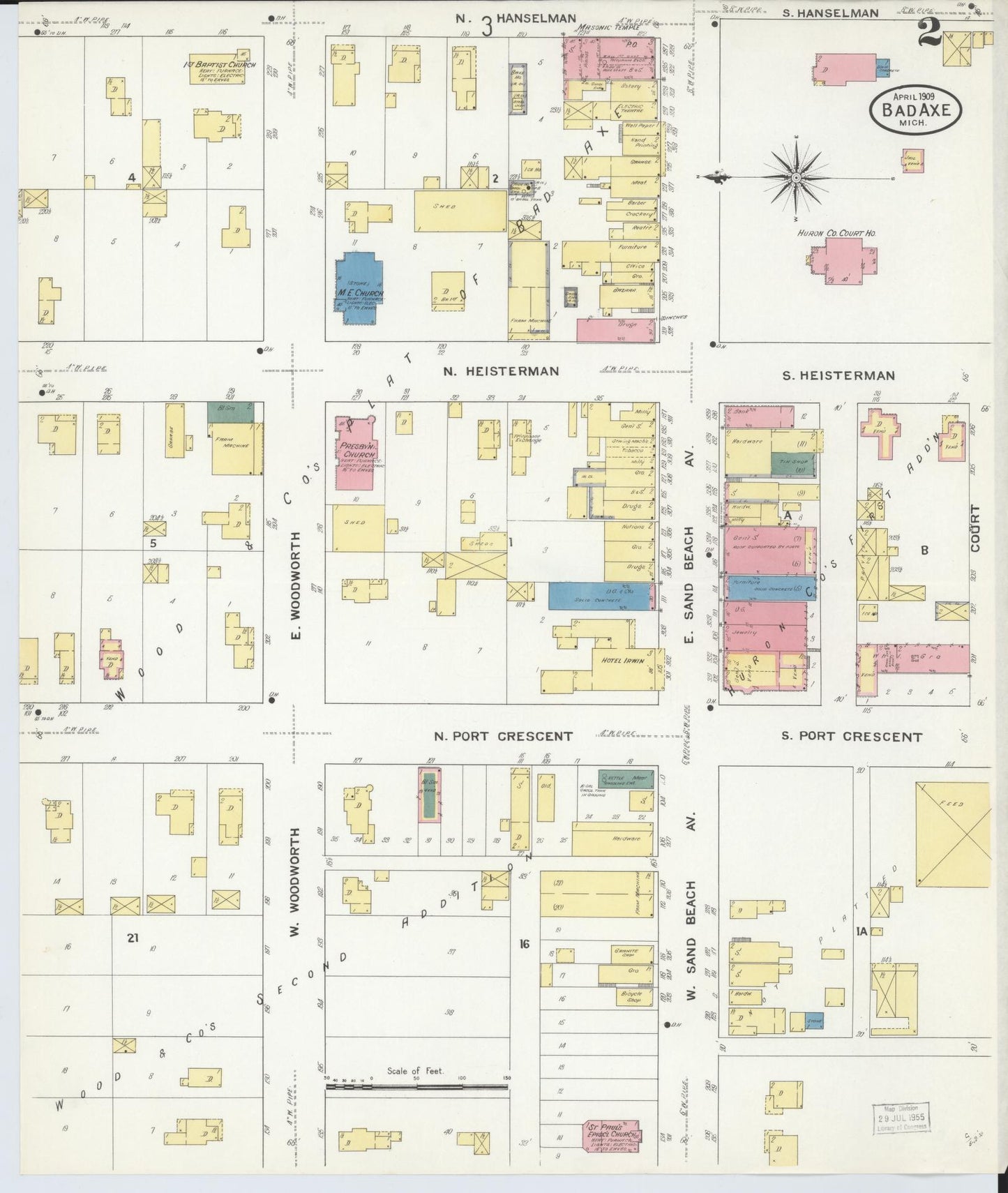 Sanborn Fire Insurance Map from Bad Axe, Huron County, Michigan (1909), Sheet #0002 - Historic Sanborn Fire Insurance Map Print, vintage old map wall art, antique decor, genealogy gift, Michigan Michigan map
