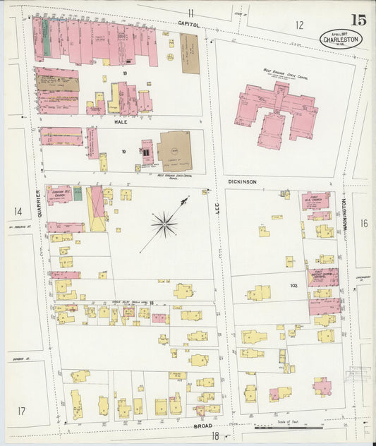 Sanborn Fire Insurance Map from Charleston, Kanawha County, West Virginia (1907), Sheet #0015 - Historic Sanborn Fire Insurance Map Print, vintage old map wall art, antique decor, genealogy gift, West Virginia West Virginia map