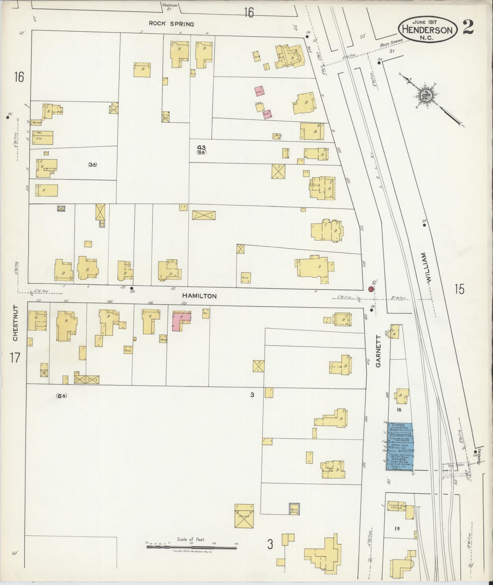 Sanborn Fire Insurance Map from Henderson, Vance County, North Carolina (1917), Sheet #0002 - Complete Map Set gallery image, historic Sanborn map, vintage wall art, North Carolina North Carolina