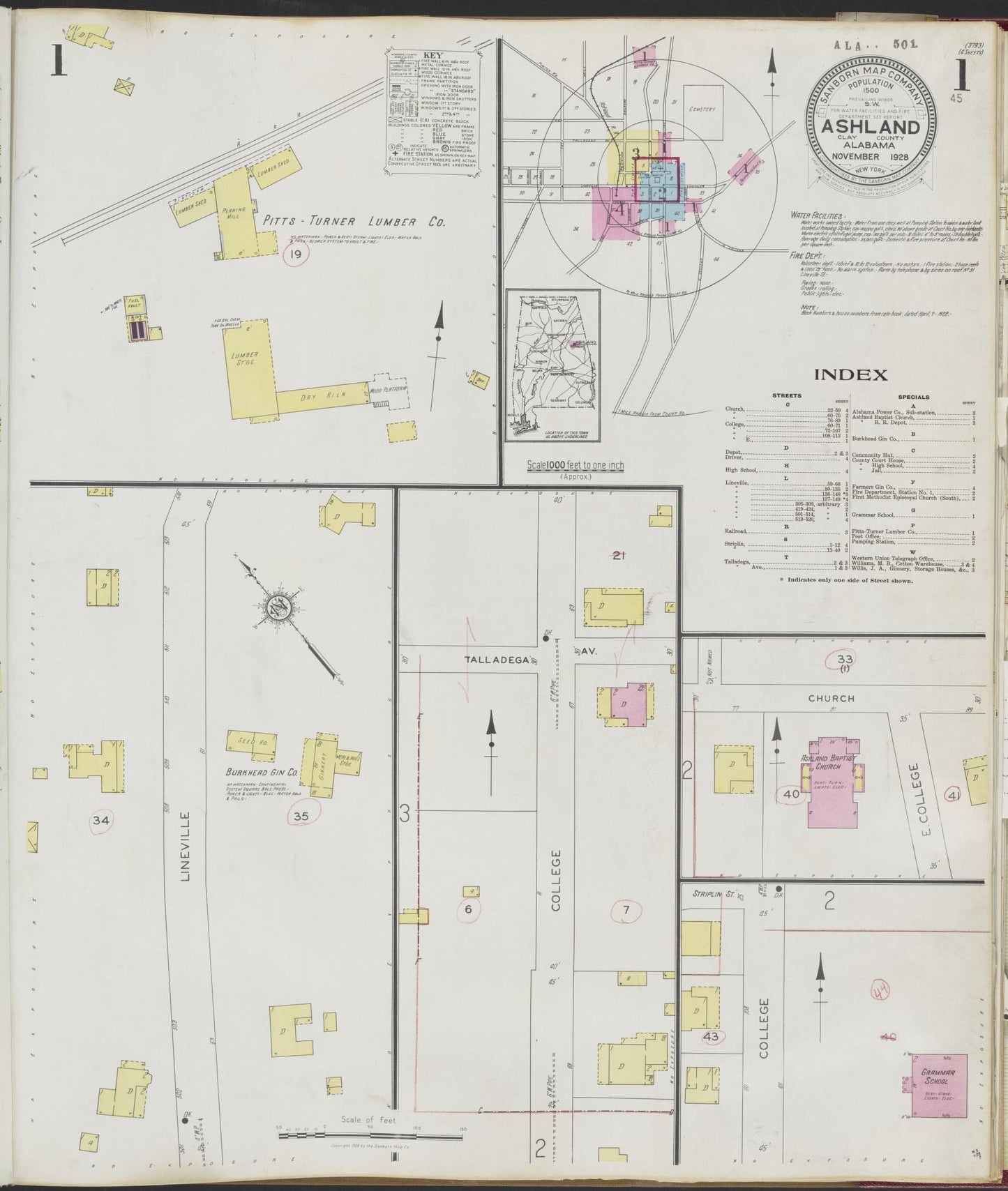 Sanborn Fire Insurance Map from Ashland, Clay County, Alabama (1928), Sheet #0001 - Complete Map Set gallery image, historic Sanborn map, vintage wall art, Alabama Alabama