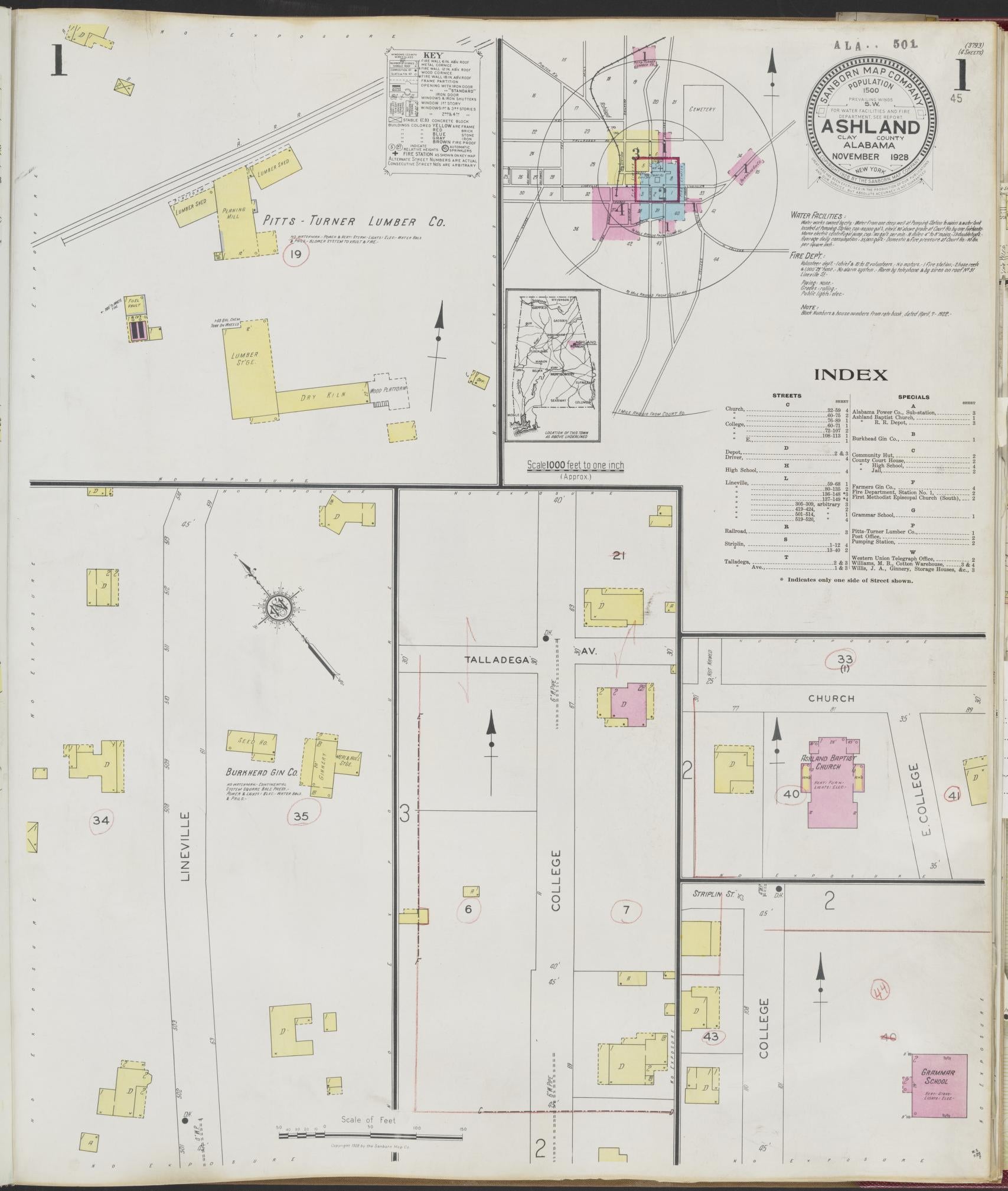 Sanborn Fire Insurance Map from Ashland, Clay County, Alabama (1928), Sheet #0001 - Complete Map Set gallery image, historic Sanborn map, vintage wall art, Alabama Alabama