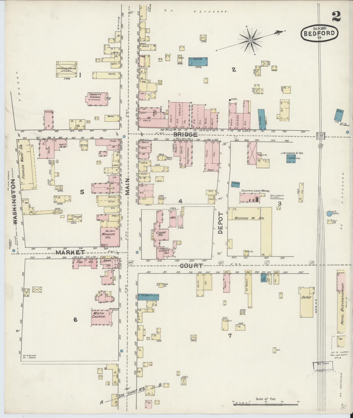Sanborn Fire Insurance Map from Bedford, Independent Cities, Virginia (1891), Sheet #0002 - Complete Map Set gallery image, historic Sanborn map, vintage wall art, Virginia Virginia