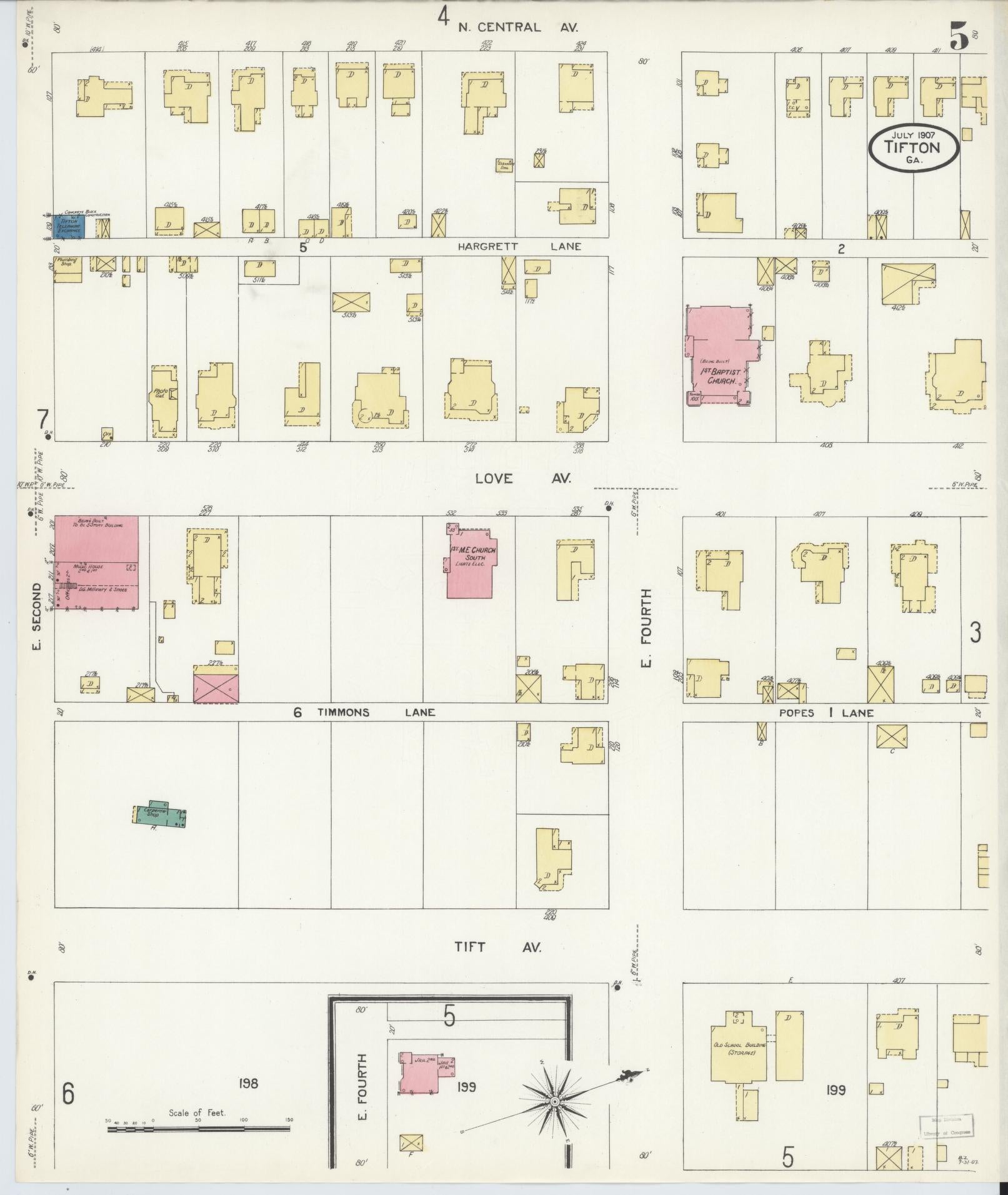 Sanborn Fire Insurance Map from Tifton, Tift County, Georgia (1907), Sheet #0005 - Historic Sanborn Fire Insurance Map Print, vintage old map wall art, antique decor, genealogy gift, Georgia Georgia map