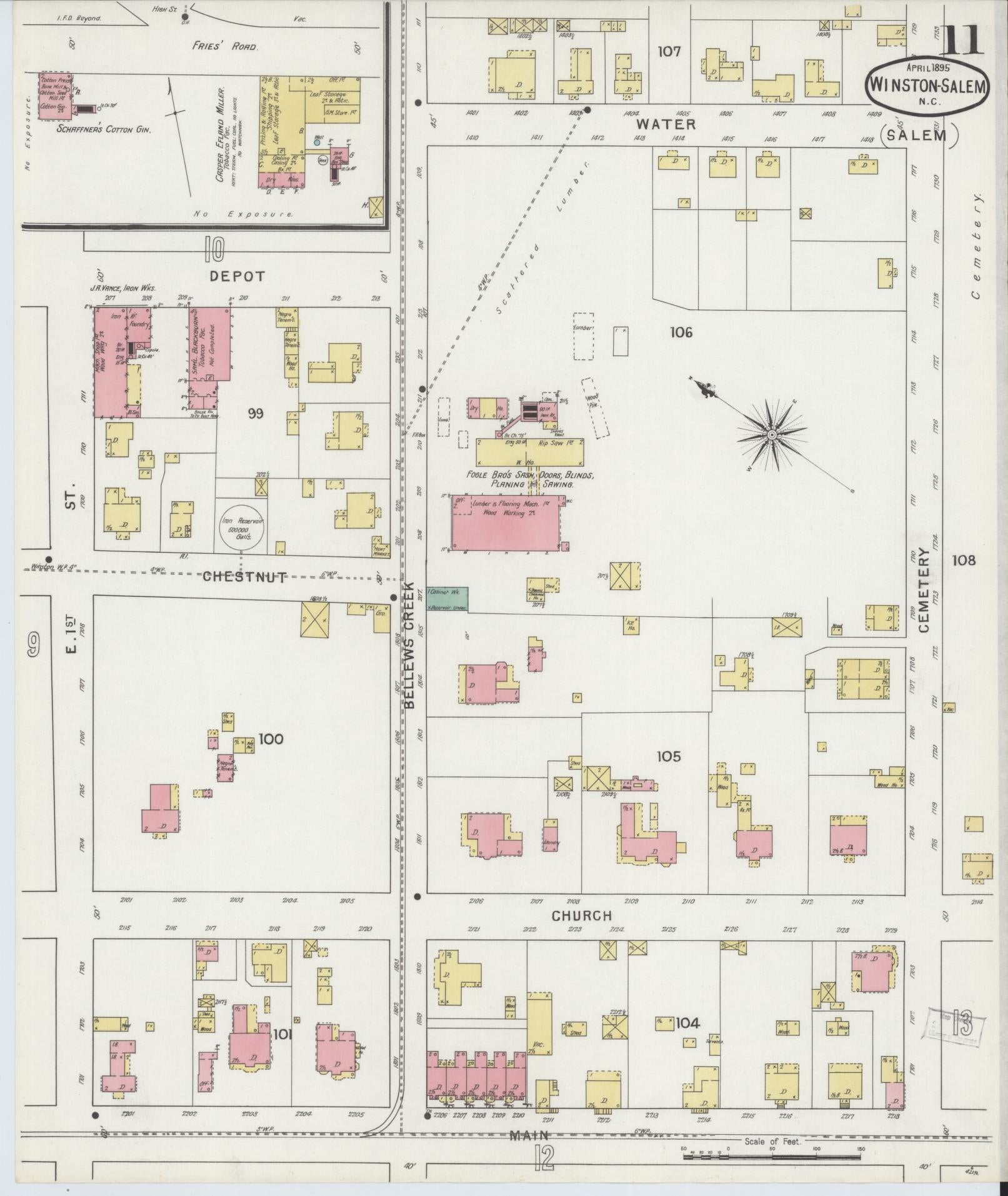 Sanborn Fire Insurance Map from Winston-Salem, Forsyth County, North Carolina (1895), Sheet #0011 - Complete Map Set gallery image, historic Sanborn map, vintage wall art, North Carolina North Carolina
