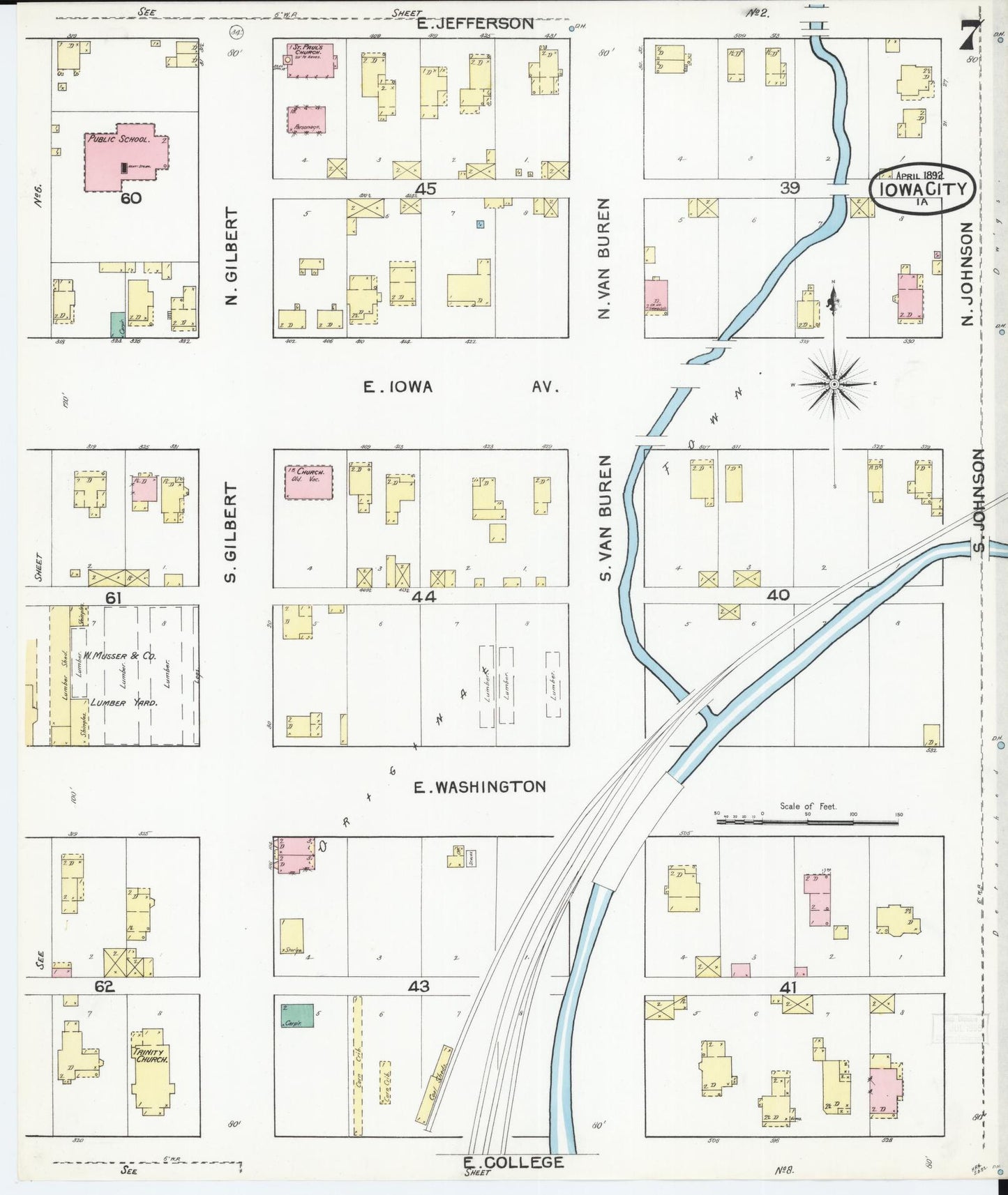 Sanborn Fire Insurance Map from Iowa City, Johnson County, Iowa (1892), Sheet #0007 - Historic Sanborn Fire Insurance Map Print, vintage old map wall art