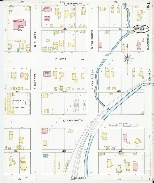 Sanborn Fire Insurance Map from Iowa City, Johnson County, Iowa (1892), Sheet #0007 - Historic Sanborn Fire Insurance Map Print, vintage old map wall art