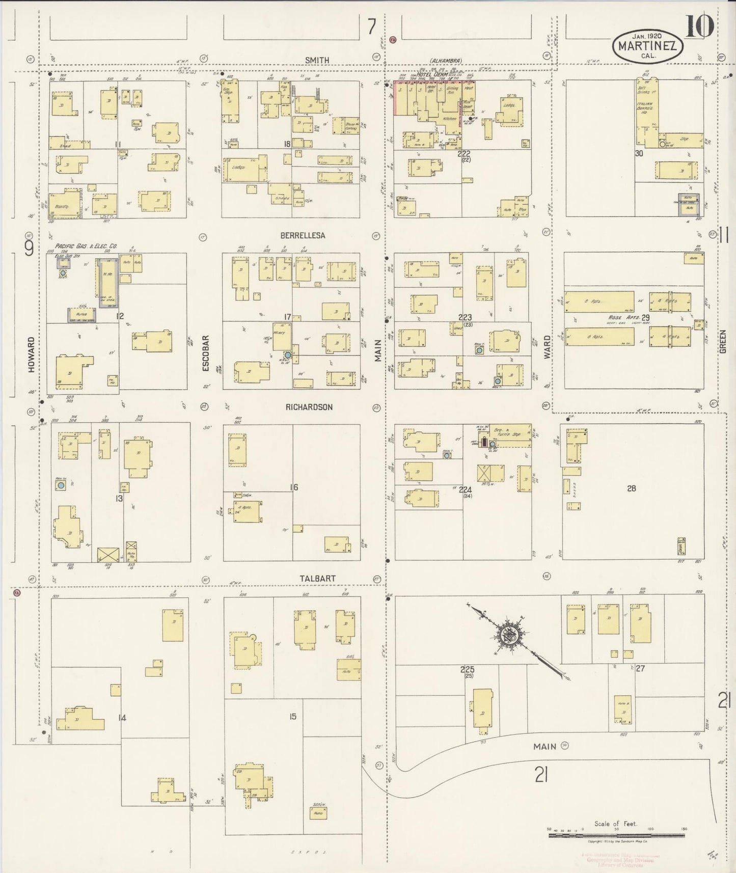 Sanborn Fire Insurance Map from Martinez, Contra Costa County, California (1920), Sheet #0010 - Historic Sanborn Fire Insurance Map Print, vintage old map wall art, antique decor, genealogy gift, California California map