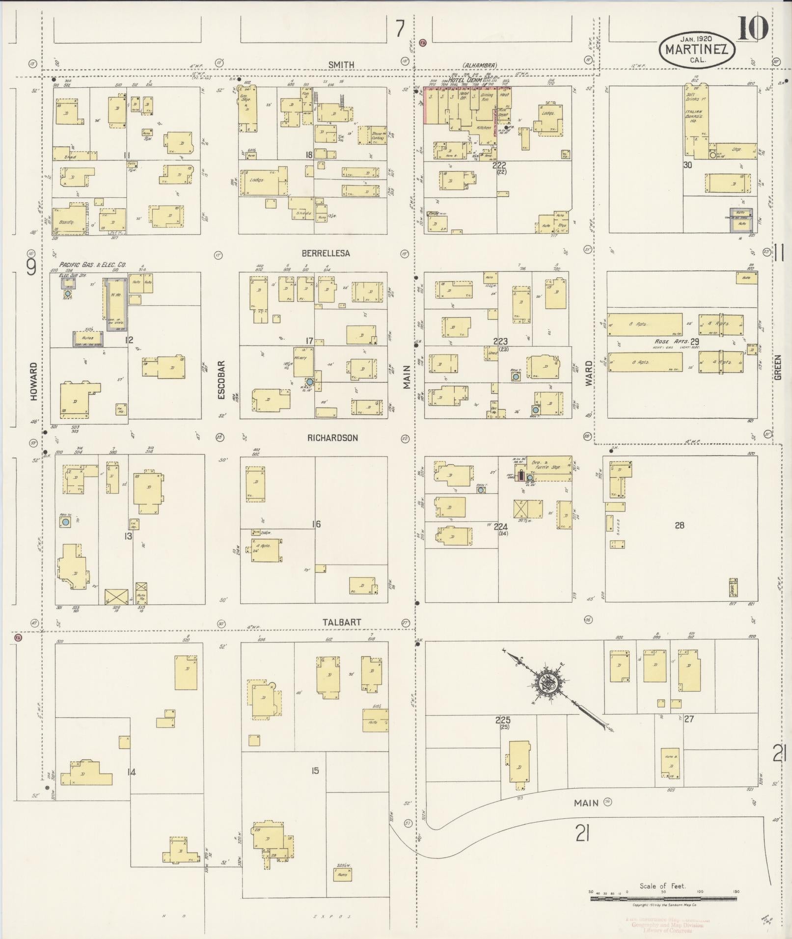Sanborn Fire Insurance Map from Martinez, Contra Costa County, California (1920), Sheet #0010 - Historic Sanborn Fire Insurance Map Print, vintage old map wall art, antique decor, genealogy gift, California California map