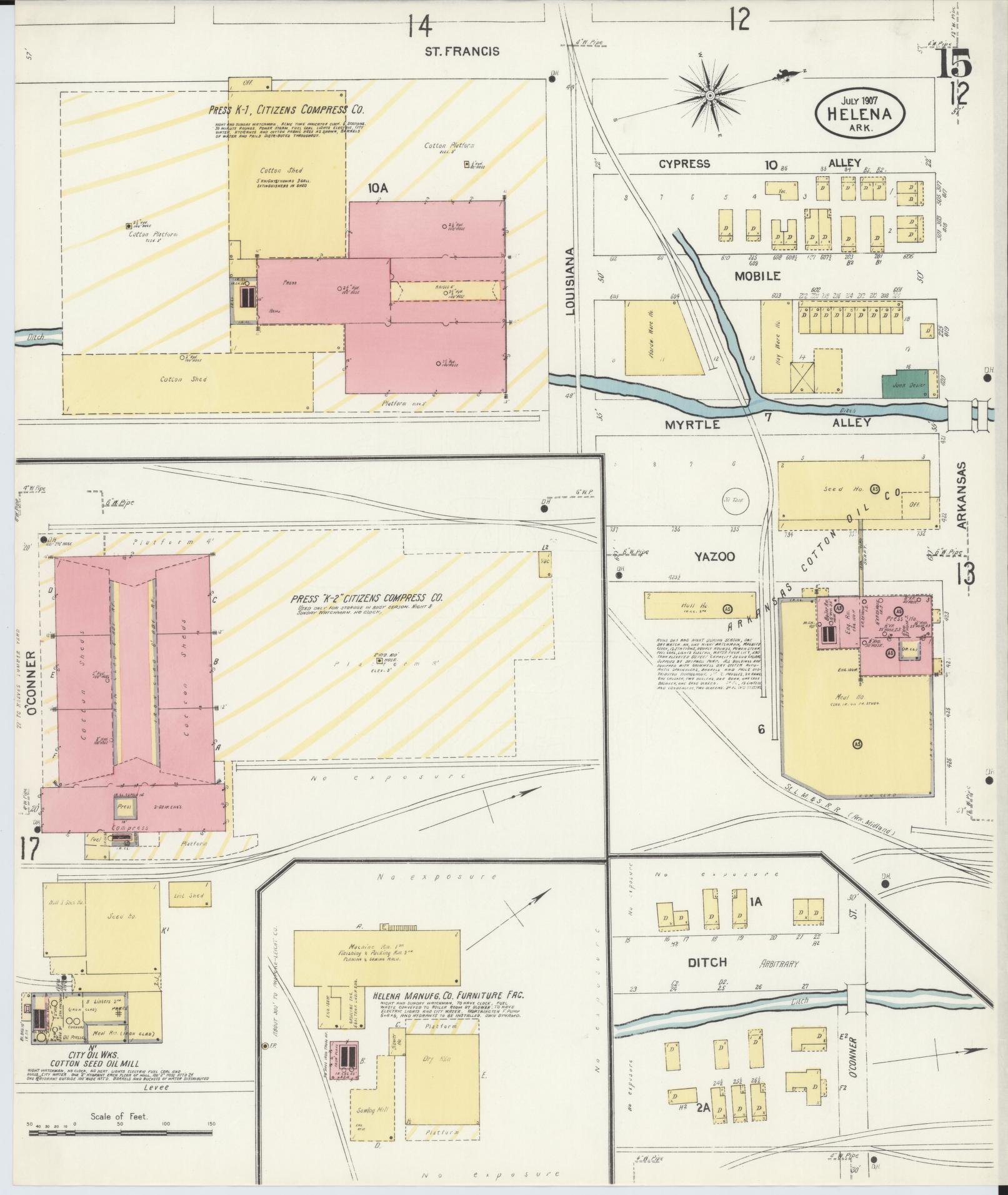 Sanborn Fire Insurance Map from Helena, Phillips County, Arkansas (1907), Sheet #0015 - Complete Map Set gallery image, historic Sanborn map, vintage wall art, Arkansas Arkansas