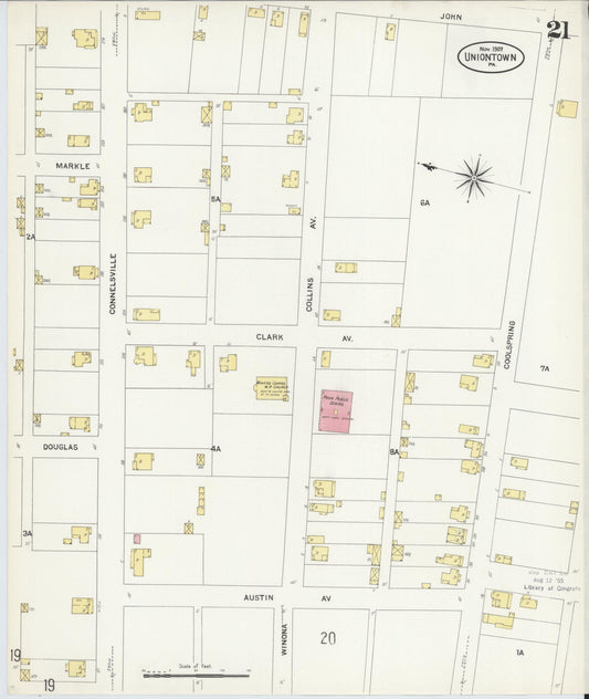 Sanborn Fire Insurance Map from Uniontown, Fayette County, Pennsylvania (1907), Sheet #0021 - Historic Sanborn Fire Insurance Map Print, vintage old map wall art, antique decor, genealogy gift, Pennsylvania Pennsylvania map