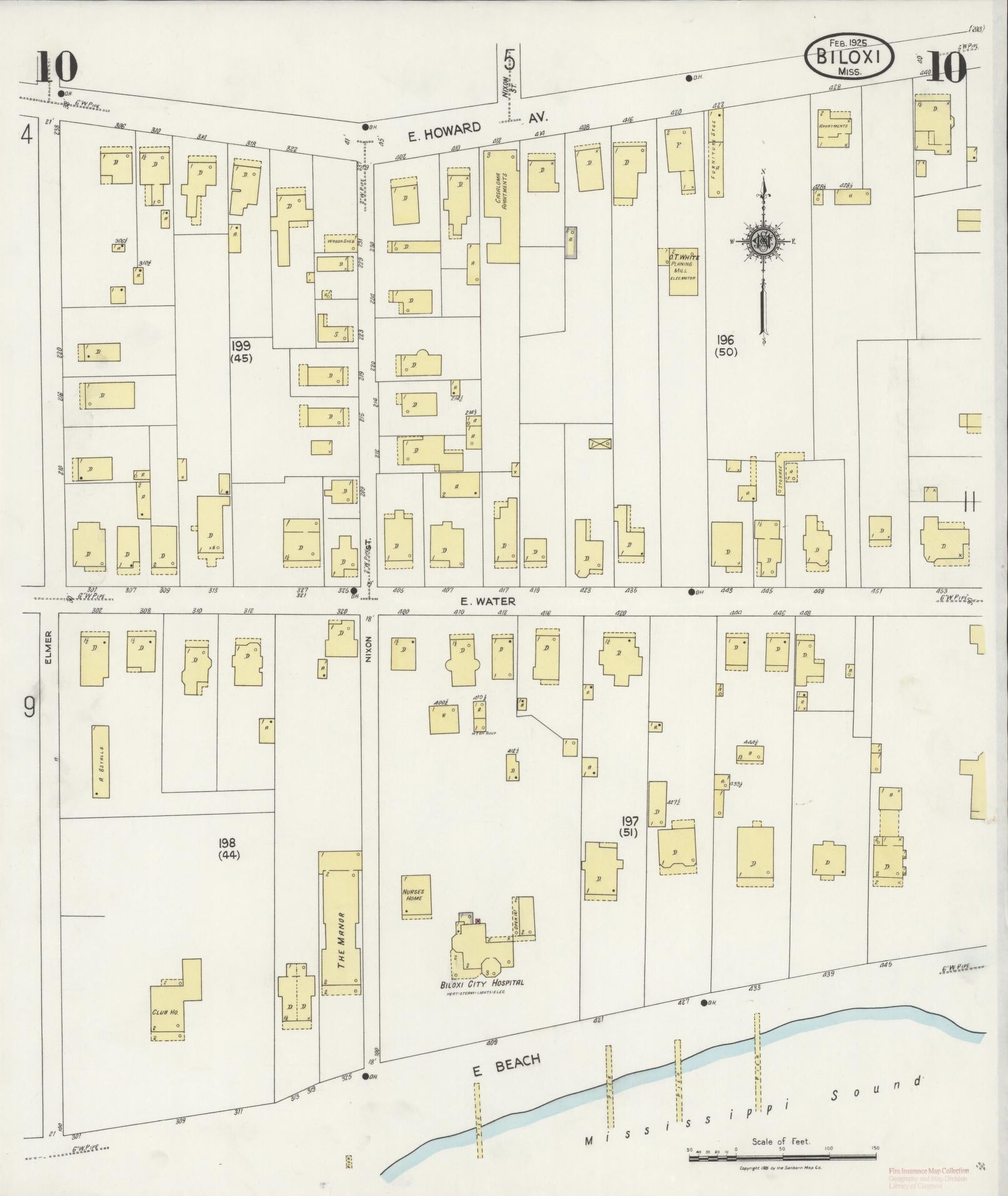Sanborn Fire Insurance Map from Biloxi, Harrison County, Mississippi (1925), Sheet #0010 - Complete Map Set gallery image, historic Sanborn map, vintage wall art, Mississippi Mississippi