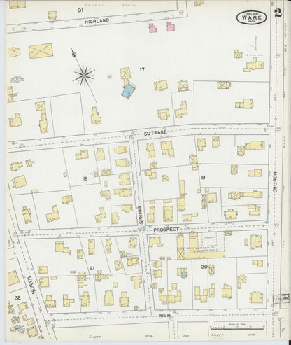 Sanborn Fire Insurance Map from Ware, Hampshire County, Massachusetts (1892), Sheet #0002 - Historic Sanborn Fire Insurance Map Print, vintage old map wall art, antique decor, genealogy gift, Massachusetts Massachusetts map