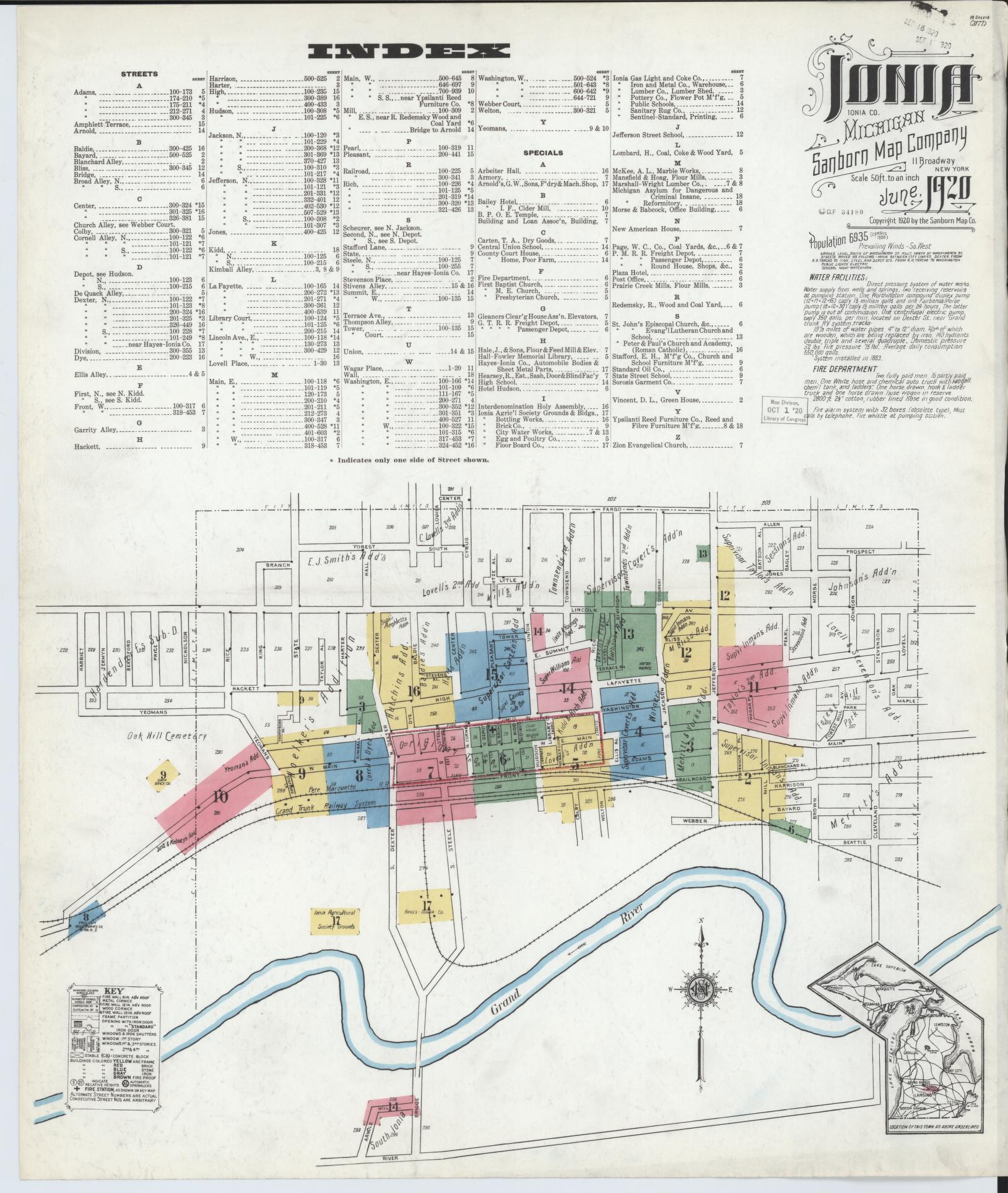 Sanborn Fire Insurance Map from Ionia, Ionia County, Michigan (1920), Sheet #0001 - Historic Sanborn Fire Insurance Map Print, vintage old map wall art, antique decor, genealogy gift, Michigan Michigan map