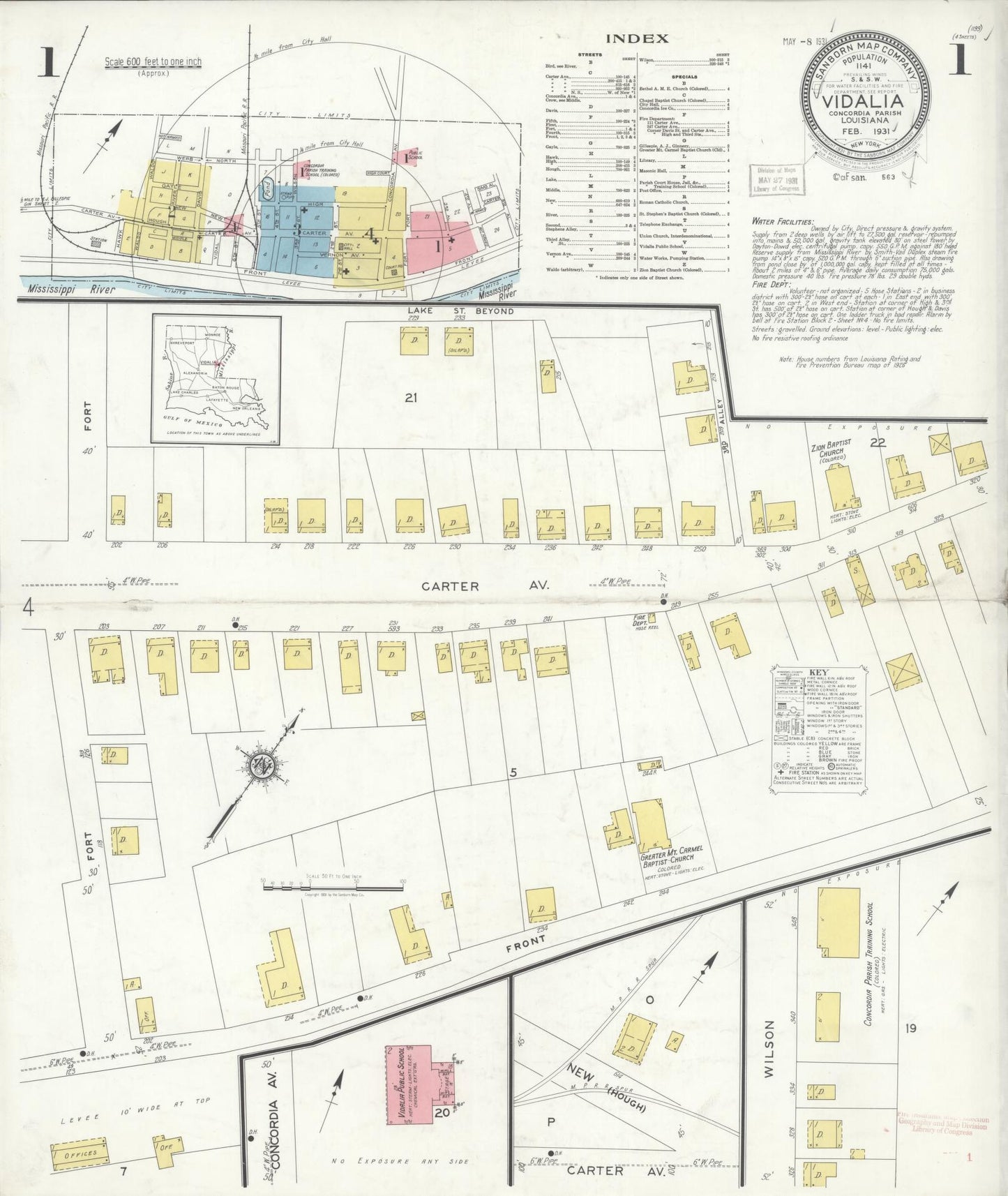Sanborn Fire Insurance Map from Vidalia, Concordia Parish, Louisiana (1931), Sheet #0001 - Historic Sanborn Fire Insurance Map Print, vintage old map wall art, antique decor, genealogy gift, Louisiana Louisiana map