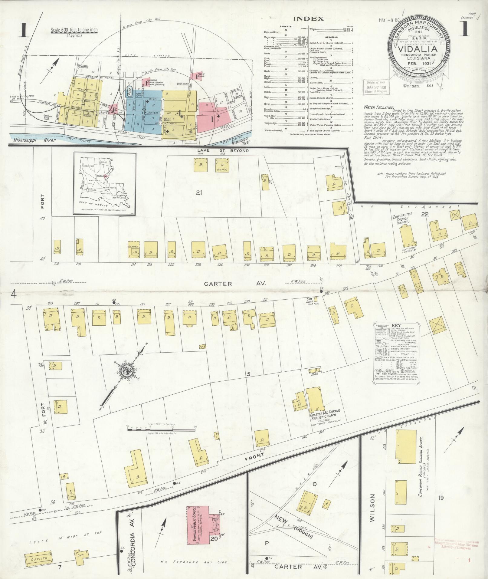 Sanborn Fire Insurance Map from Vidalia, Concordia Parish, Louisiana (1931), Sheet #0001 - Historic Sanborn Fire Insurance Map Print, vintage old map wall art, antique decor, genealogy gift, Louisiana Louisiana map