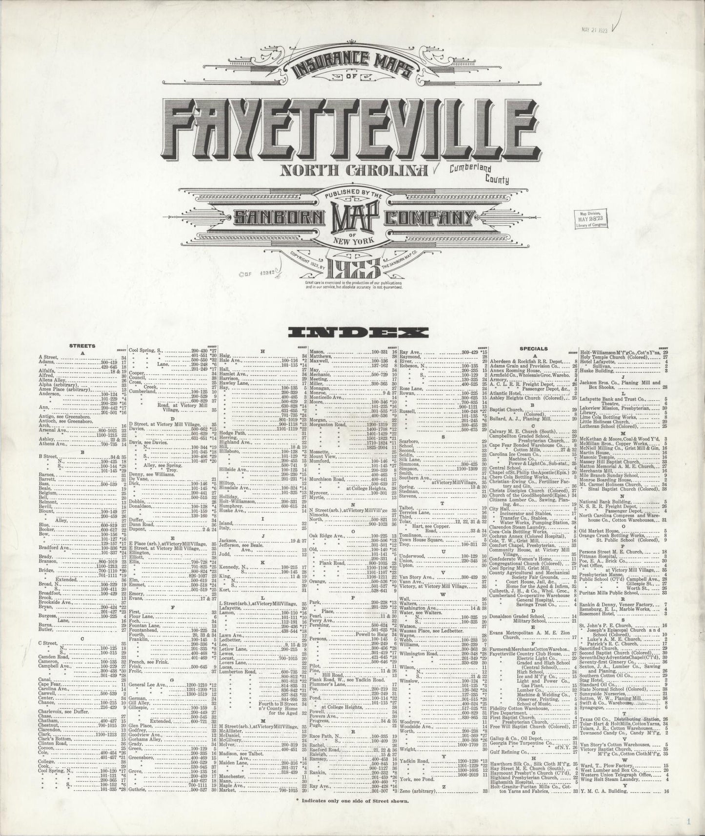 Sanborn Fire Insurance Map from Fayetteville, Cumberland County, North Carolina (1923), Sheet #0001 - Historic Sanborn Fire Insurance Map Print, vintage old map wall art, antique decor, genealogy gift, North Carolina North Carolina map