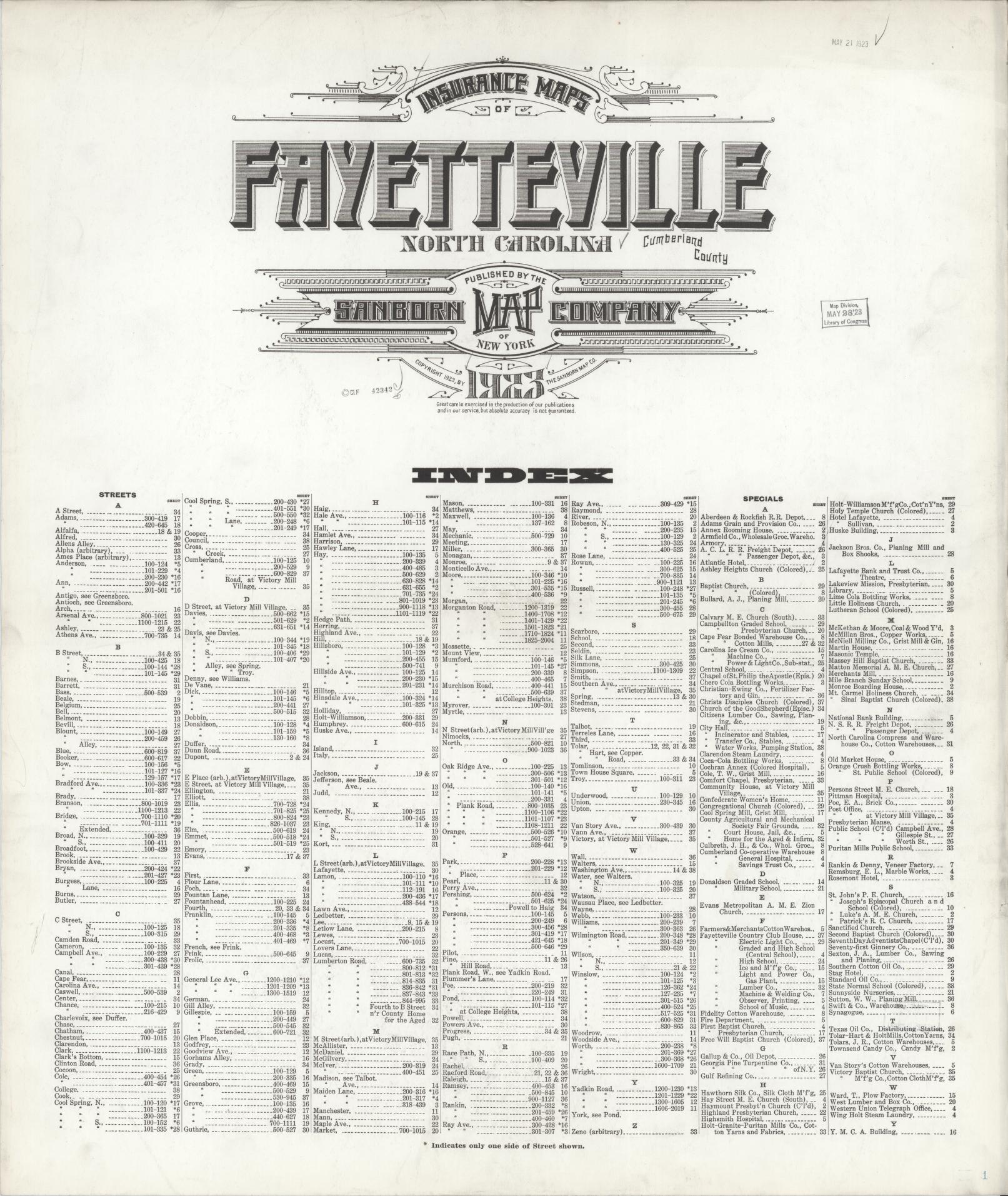 Sanborn Fire Insurance Map from Fayetteville, Cumberland County, North Carolina (1923), Sheet #0001 - Historic Sanborn Fire Insurance Map Print, vintage old map wall art, antique decor, genealogy gift, North Carolina North Carolina map