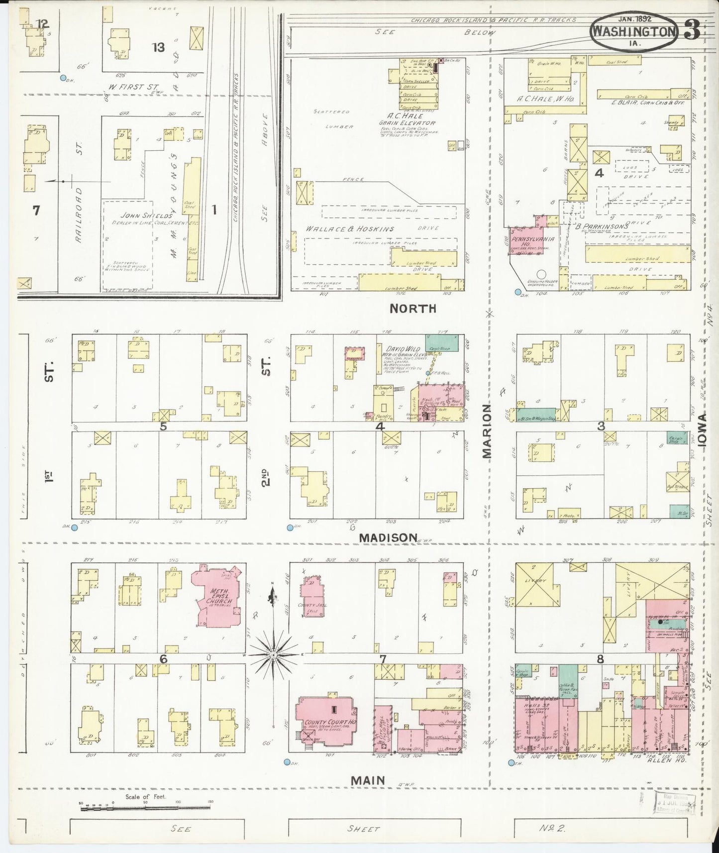 Sanborn Fire Insurance Map from Washington, Washington County, Iowa (1892), Sheet #0003 - Historic Sanborn Fire Insurance Map Print, vintage old map wall art, antique decor, genealogy gift, Sanborn Fire Insurance Map from Washington Washington map