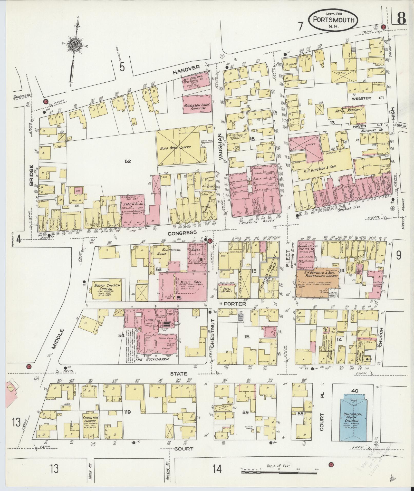 Sanborn Fire Insurance Map from Portsmouth, Rockingham County, New Hampshire (1910), Sheet #0008 - Historic Sanborn Fire Insurance Map Print, vintage old map wall art, antique decor, genealogy gift, New Hampshire New Hampshire map