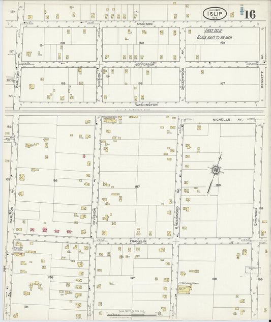 Sanborn Fire Insurance Map from Islip, Suffolk County, New York (1916), Sheet #0016 - Historic Sanborn Fire Insurance Map Print, vintage old map wall art, antique decor, genealogy gift, New York New York map