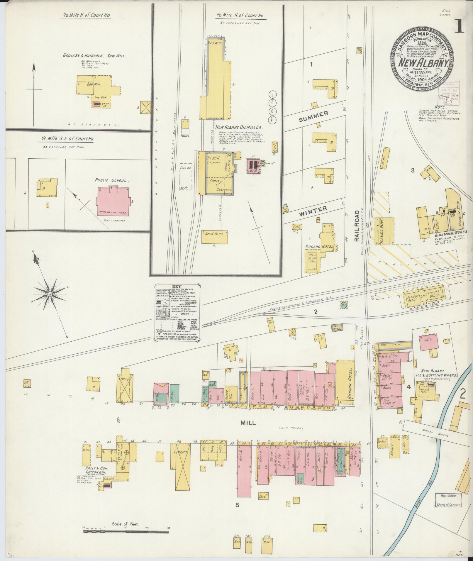 Sanborn Fire Insurance Map from New Albany, Union County, Mississippi (1904), Sheet #0001 - Historic Sanborn Fire Insurance Map Print, vintage old map wall art, antique decor, genealogy gift, Mississippi Mississippi map