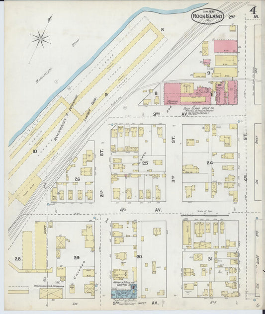 Sanborn Fire Insurance Map from Rock Island, Rock Island County, Illinois (1892), Sheet #0004 - Historic Sanborn Fire Insurance Map Print, vintage old map wall art, antique decor, genealogy gift, Illinois Illinois map