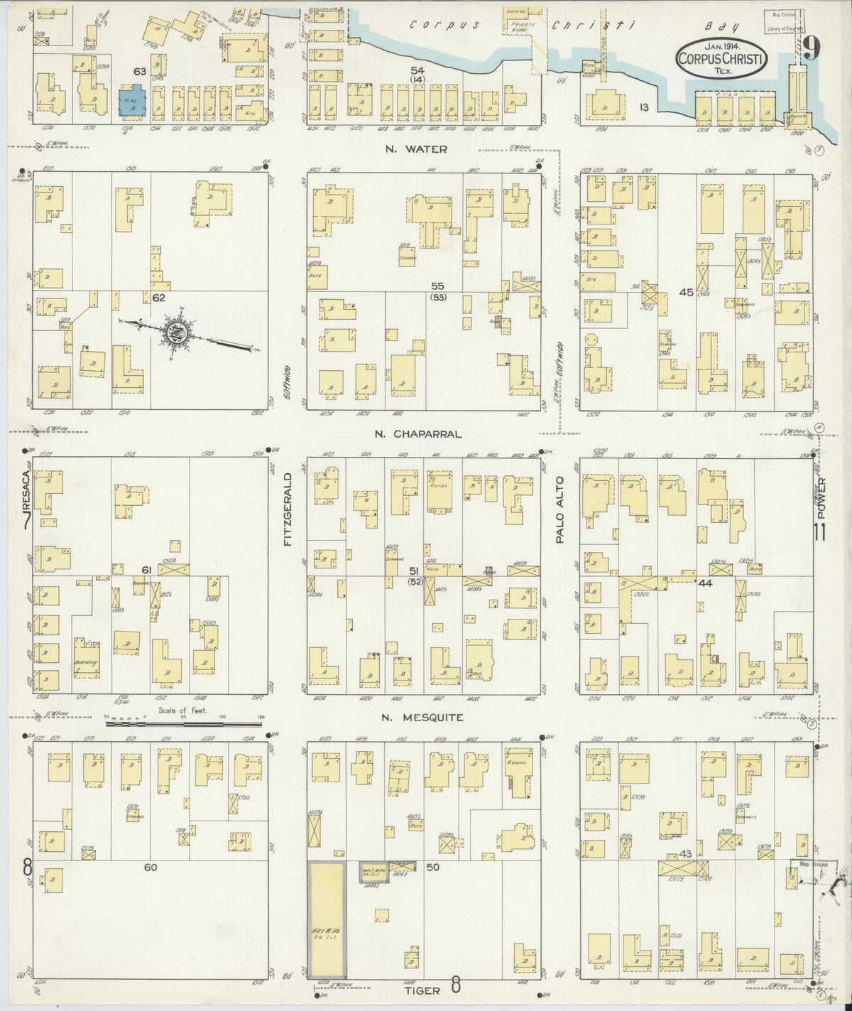 Sanborn Fire Insurance Map from Corpus Christi, Nueces County, Texas (1914), Sheet #0009 - Complete Map Set gallery image, historic Sanborn map, vintage wall art, Texas Texas