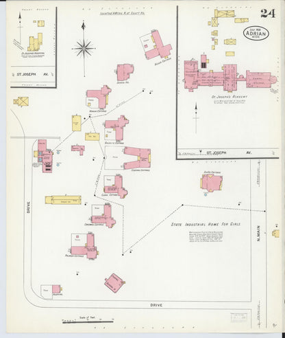 Sanborn Fire Insurance Map from Adrian, Lenawee County, Michigan (1908), Sheet #0024 - Complete Map Set gallery image, historic Sanborn map, vintage wall art, Michigan Michigan