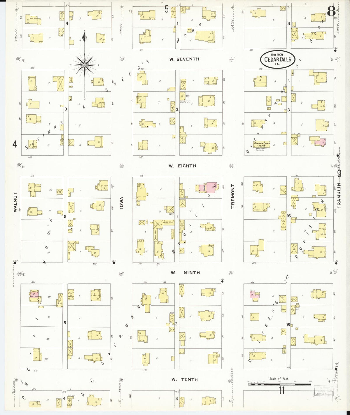 Sanborn Fire Insurance Map from Cedar Falls, Black Hawk County, Iowa (1909), Sheet #0008 - Historic Sanborn Fire Insurance Map Print