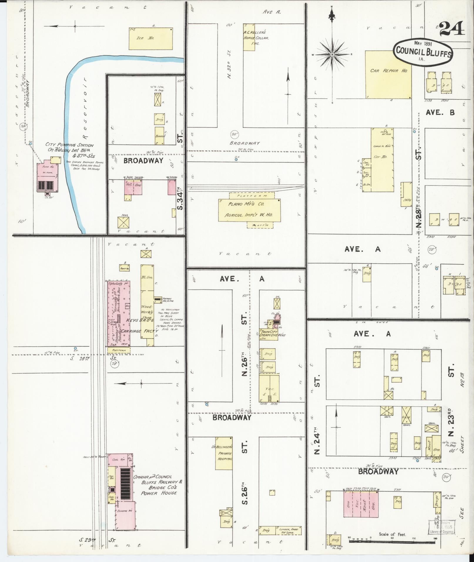 Sanborn Fire Insurance Map from Council Bluffs, Pottawattamie County, Iowa (1891), Sheet #0024 - Historic Sanborn Fire Insurance Map Print, vintage old map wall art