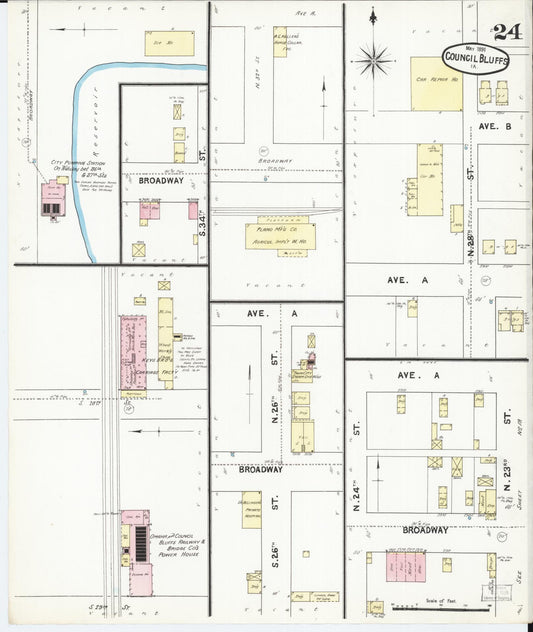 Sanborn Fire Insurance Map from Council Bluffs, Pottawattamie County, Iowa (1891), Sheet #0024 - Historic Sanborn Fire Insurance Map Print, vintage old map wall art
