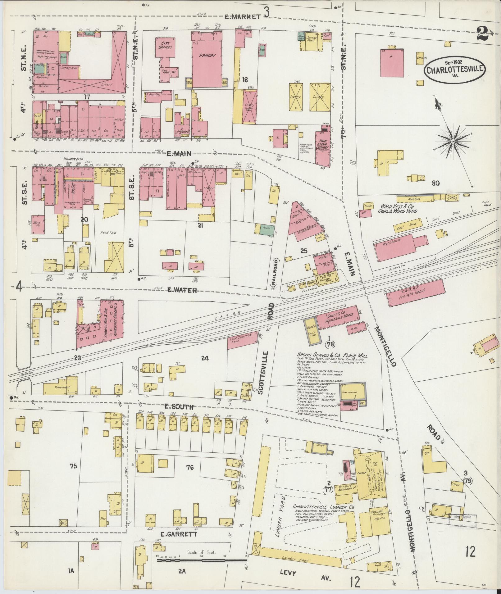 Sanborn Fire Insurance Map from Charlottesville, Independent Cities, Virginia (1902), Sheet #0002 - Complete Map Set gallery image, historic Sanborn map, vintage wall art, Virginia Virginia