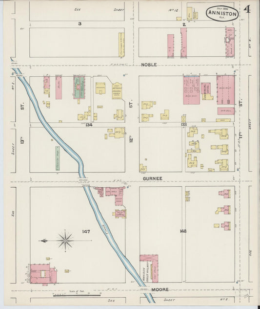 Sanborn Fire Insurance Map from Anniston, Calhoun County, Alabama (1890), Sheet #0004 - Historic Sanborn Fire Insurance Map Print, vintage old map wall art, antique decor, genealogy gift, Alabama Alabama map
