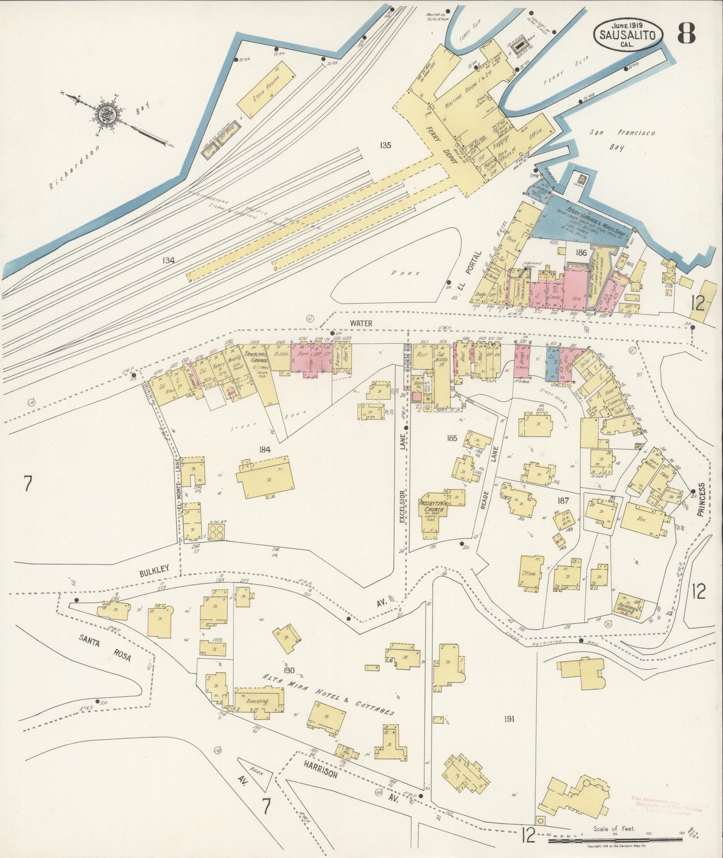 Sanborn Fire Insurance Map from Sausalito, Marin County, California (1919), Sheet #0008 - Complete Map Set gallery image, historic Sanborn map, vintage wall art, California California