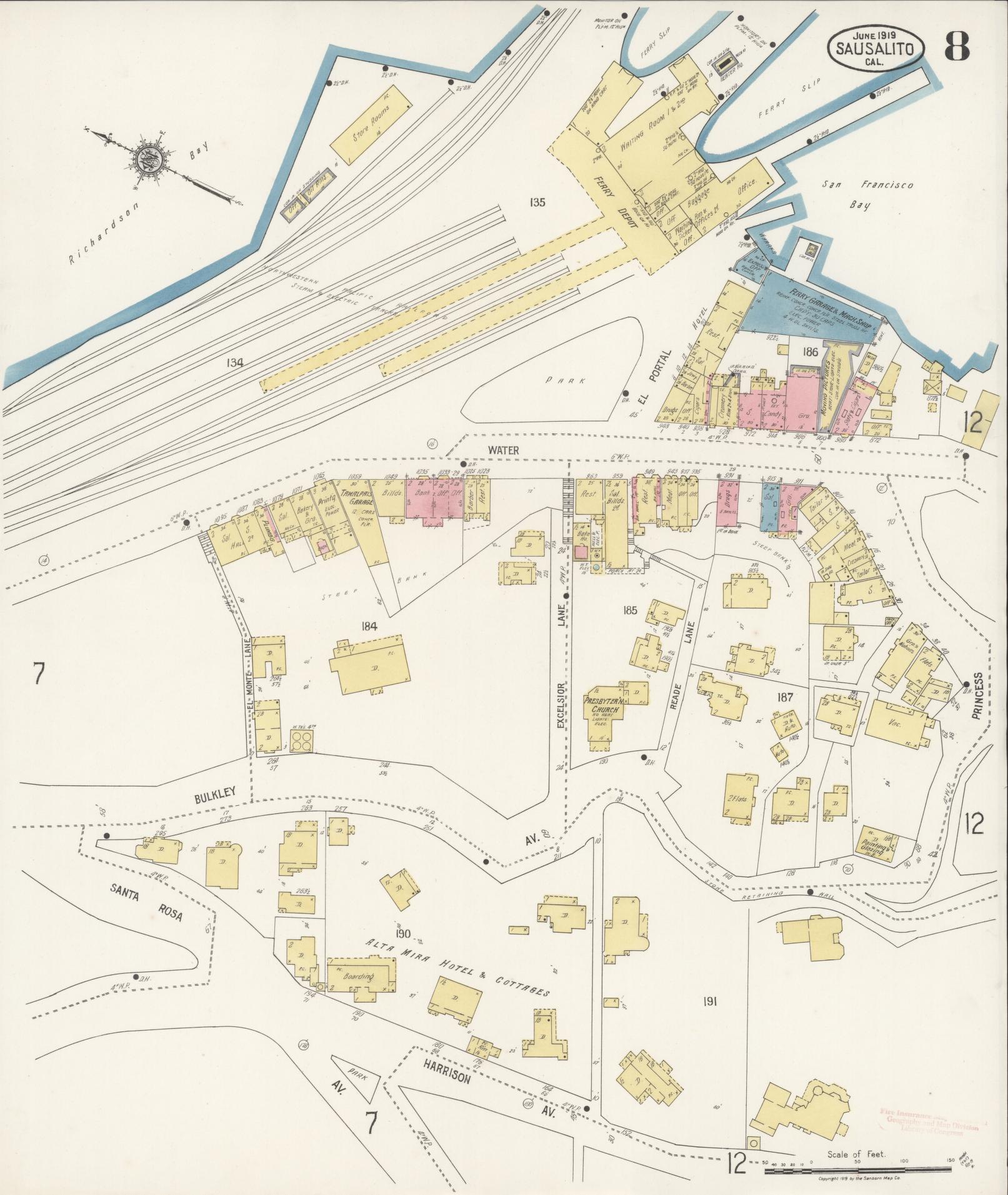 Sanborn Fire Insurance Map from Sausalito, Marin County, California (1919), Sheet #0008 - Complete Map Set gallery image, historic Sanborn map, vintage wall art, California California