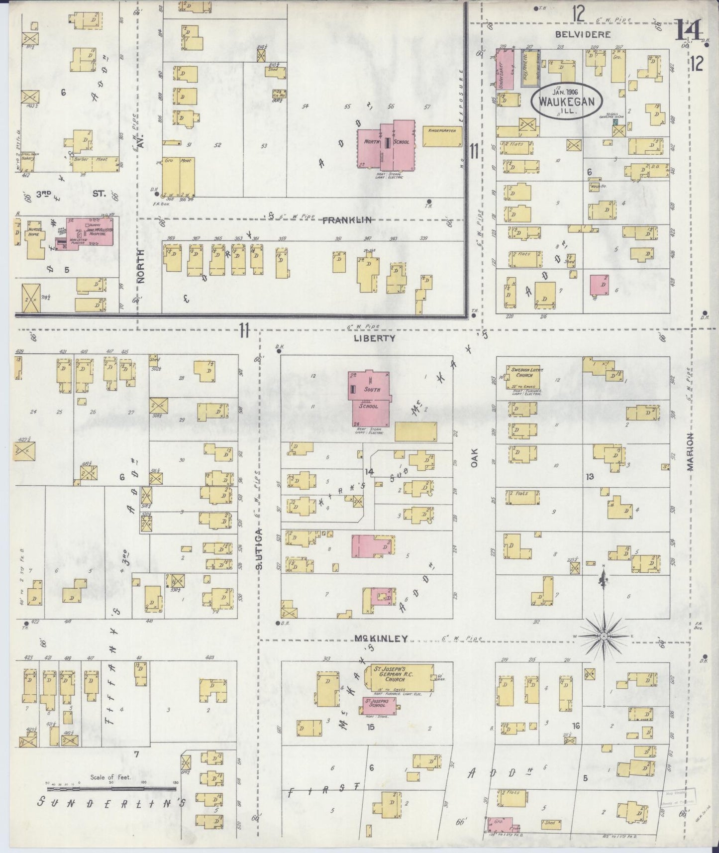 Sanborn Fire Insurance Map from Waukegan, Lake County, Illinois (1906), Sheet #0014 - Complete Map Set gallery image, historic Sanborn map, vintage wall art, Illinois Illinois