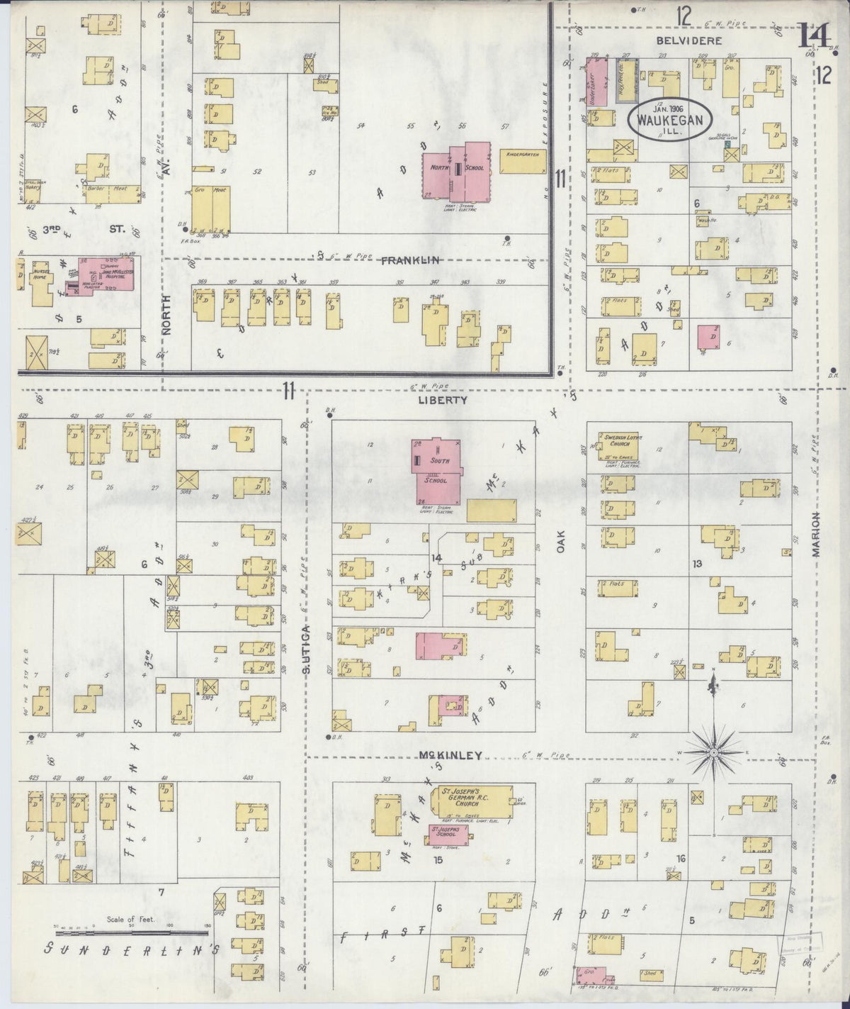 Sanborn Fire Insurance Map from Waukegan, Lake County, Illinois (1906), Sheet #0014 - Complete Map Set gallery image, historic Sanborn map, vintage wall art, Illinois Illinois