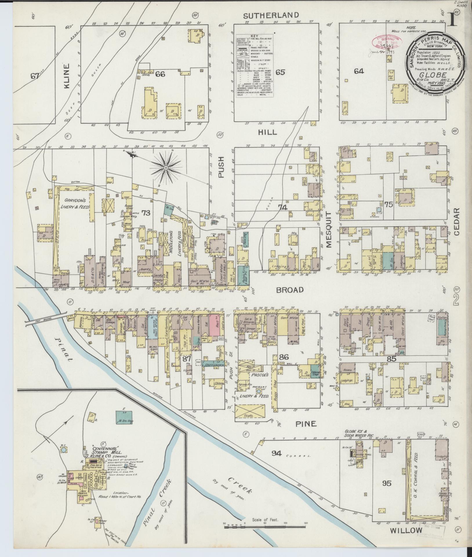 Sanborn Fire Insurance Map from Globe, Gila County, Arizona (1893), Sheet #0001 - Historic Sanborn Fire Insurance Map Print, vintage old map wall art, antique decor, genealogy gift, Arizona Arizona map