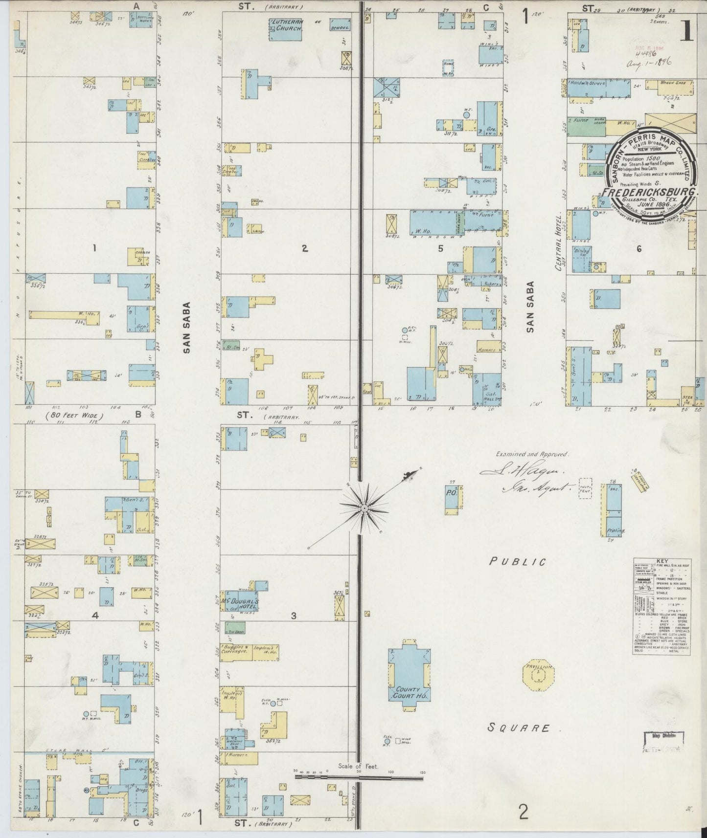 Sanborn Fire Insurance Map from Fredericksburg, Gillespie County, Texas (1896), Sheet #0001 - Complete Map Set gallery image, historic Sanborn map, vintage wall art, Texas Texas