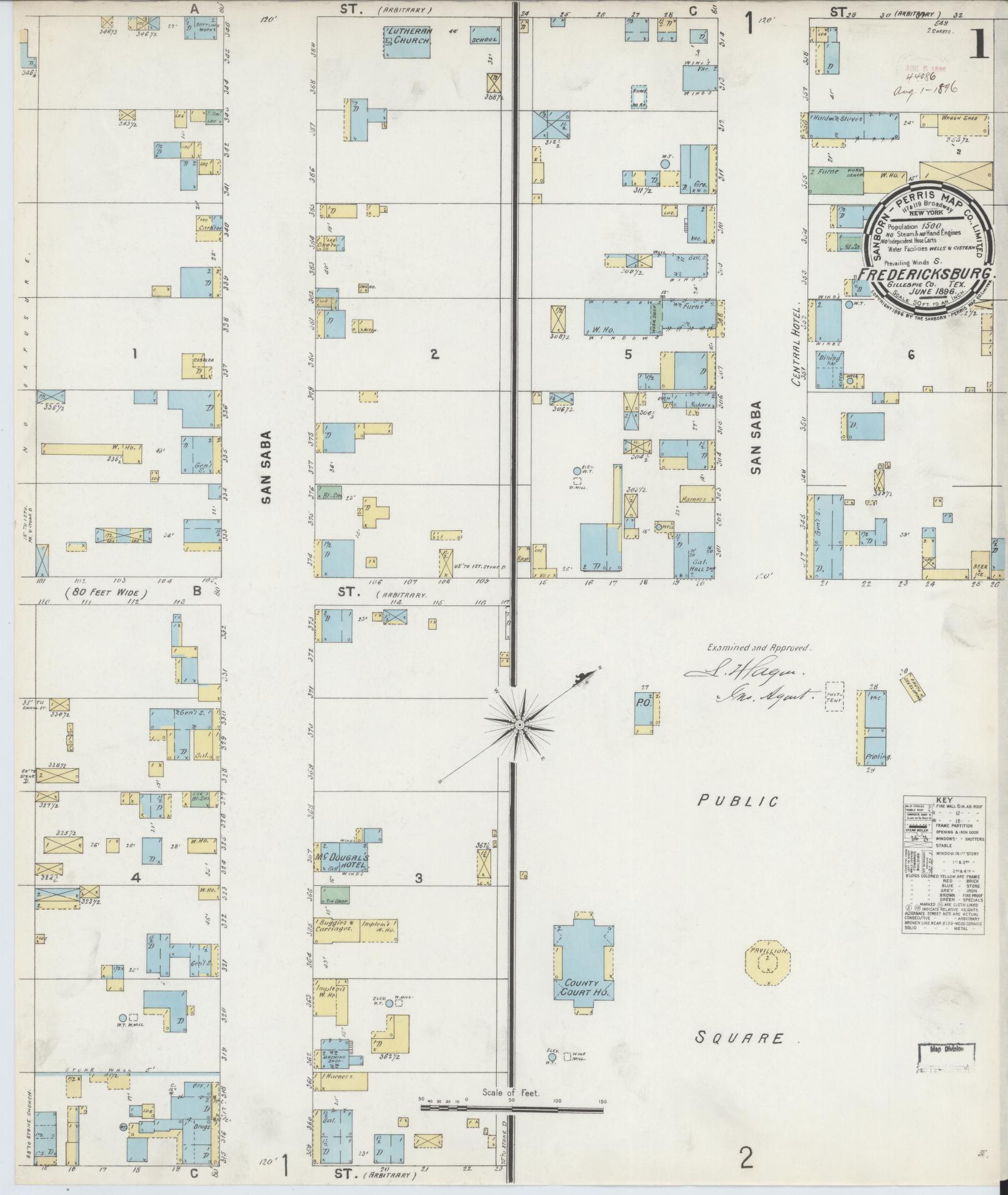 Sanborn Fire Insurance Map from Fredericksburg, Gillespie County, Texas (1896), Sheet #0001 - Complete Map Set gallery image, historic Sanborn map, vintage wall art, Texas Texas