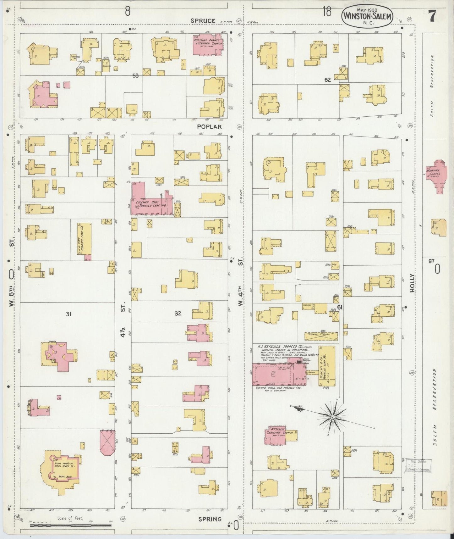 Sanborn Fire Insurance Map from Winston-Salem, Forsyth County, North Carolina (1900), Sheet #0007 - Historic Sanborn Fire Insurance Map Print, vintage old map wall art, antique decor, genealogy gift, North Carolina North Carolina map