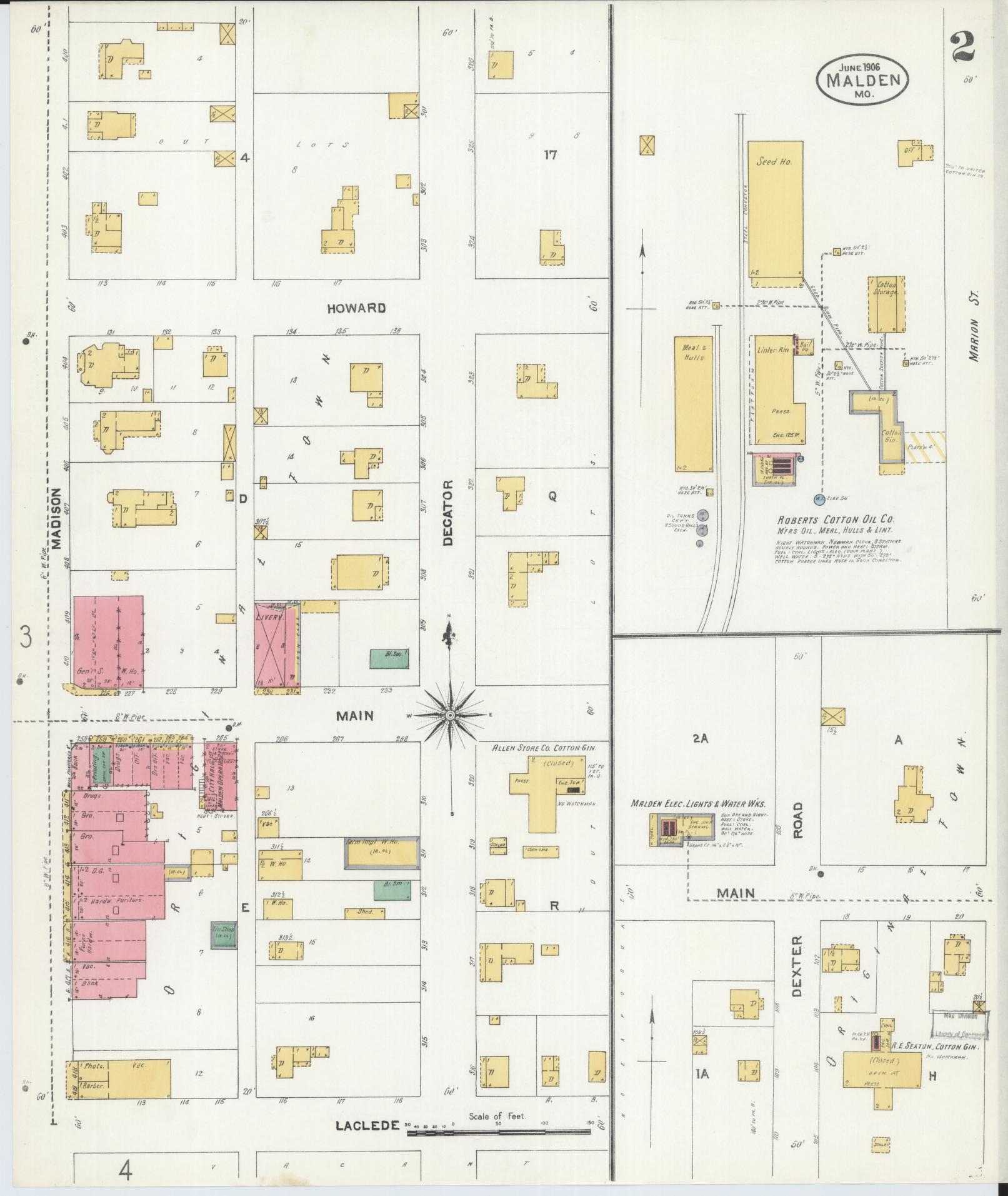 Sanborn Fire Insurance Map from Malden, Dunklin County, Missouri (1906), Sheet #0002 - Historic Sanborn Fire Insurance Map Print, vintage old map wall art, antique decor, genealogy gift, Missouri Missouri map