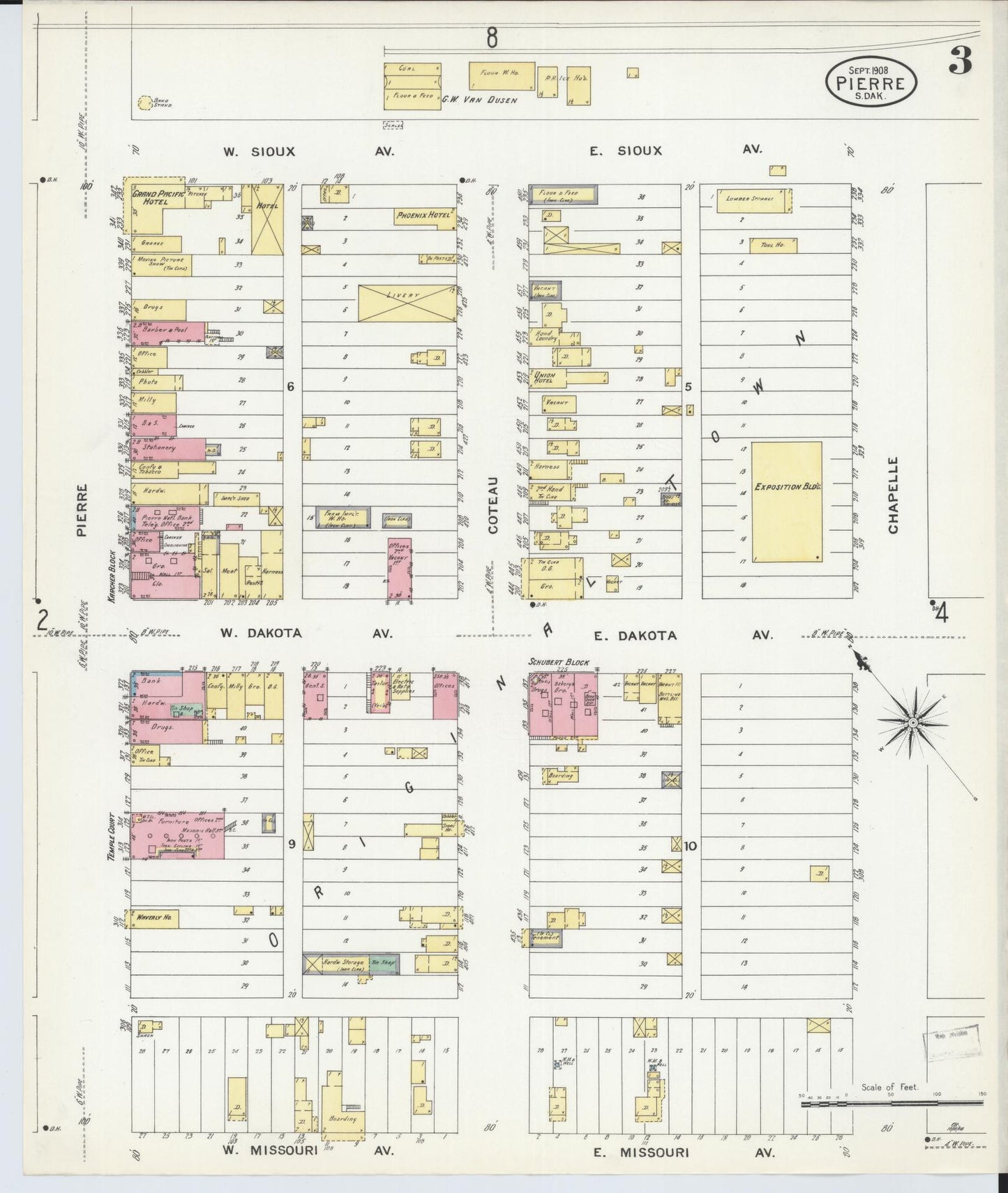 Sanborn Fire Insurance Map from Pierre, Hughes County, South Dakota (1908), Sheet #0003 - Complete Map Set gallery image, historic Sanborn map, vintage wall art, South Dakota South Dakota