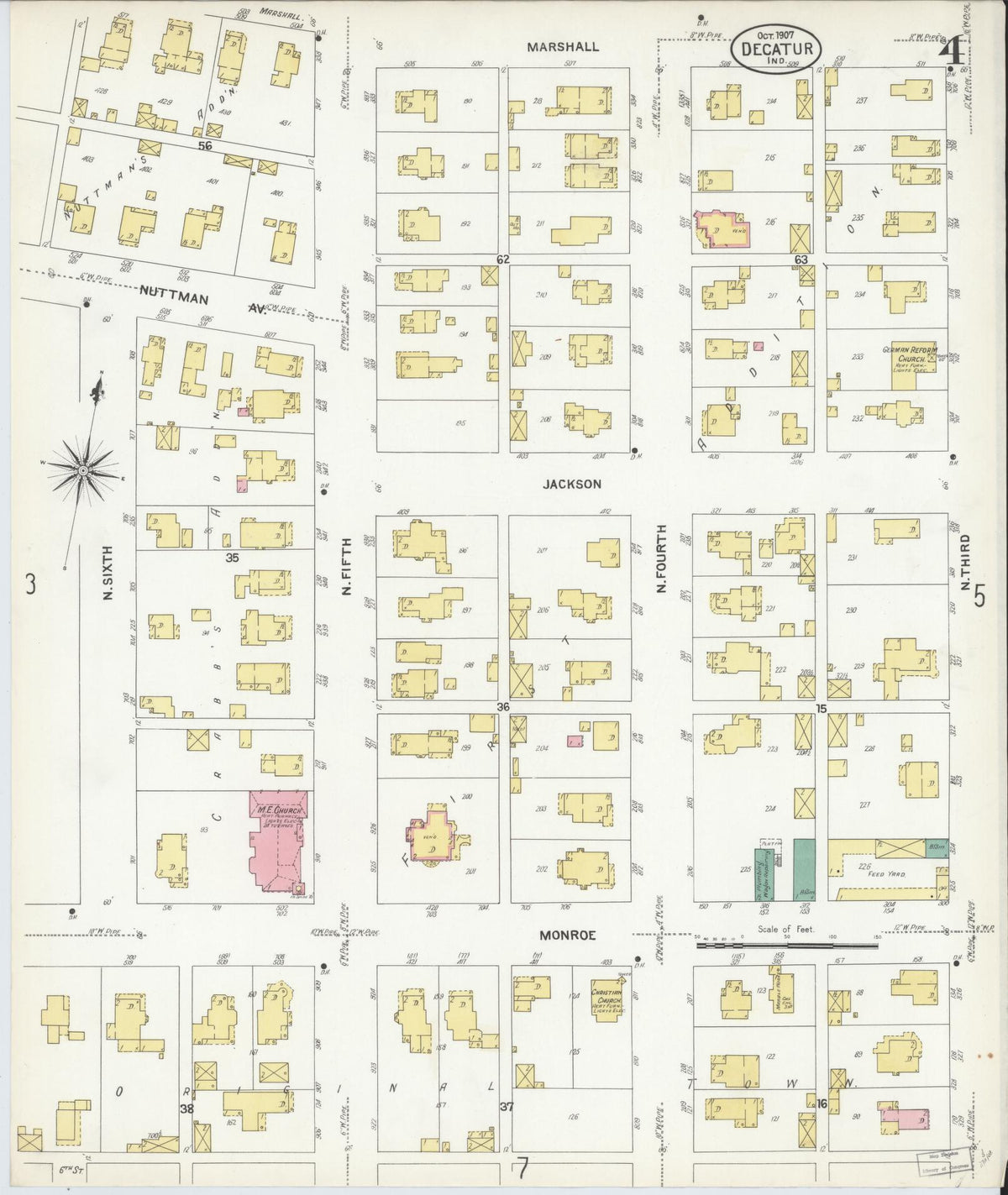 Sanborn Fire Insurance Map from Decatur, Adams County, Indiana (1907), Sheet #0004 - Historic Sanborn Fire Insurance Map Print, vintage old map wall art, antique decor, genealogy gift, Indiana Indiana map