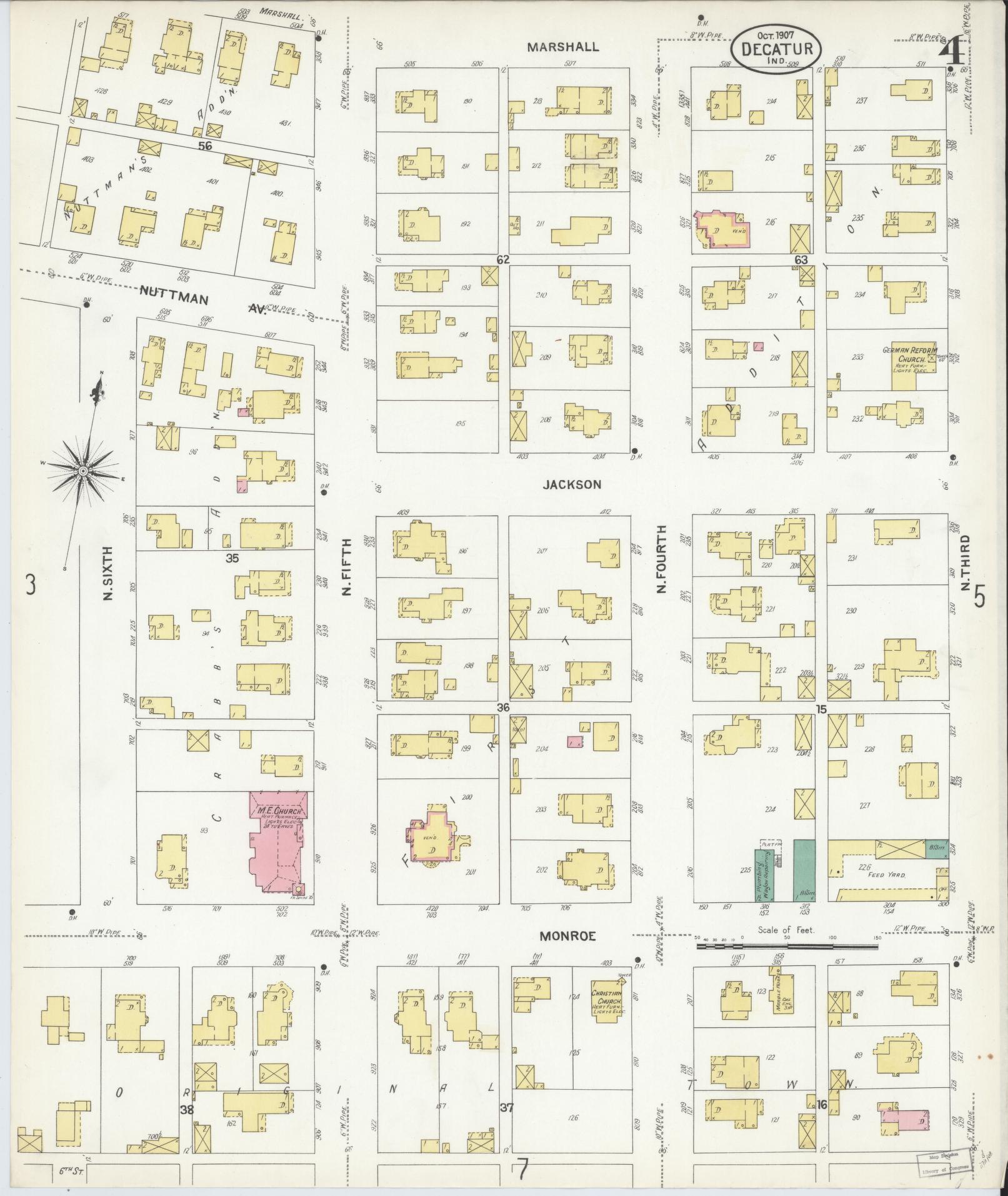 Sanborn Fire Insurance Map from Decatur, Adams County, Indiana (1907), Sheet #0004 - Historic Sanborn Fire Insurance Map Print, vintage old map wall art, antique decor, genealogy gift, Indiana Indiana map