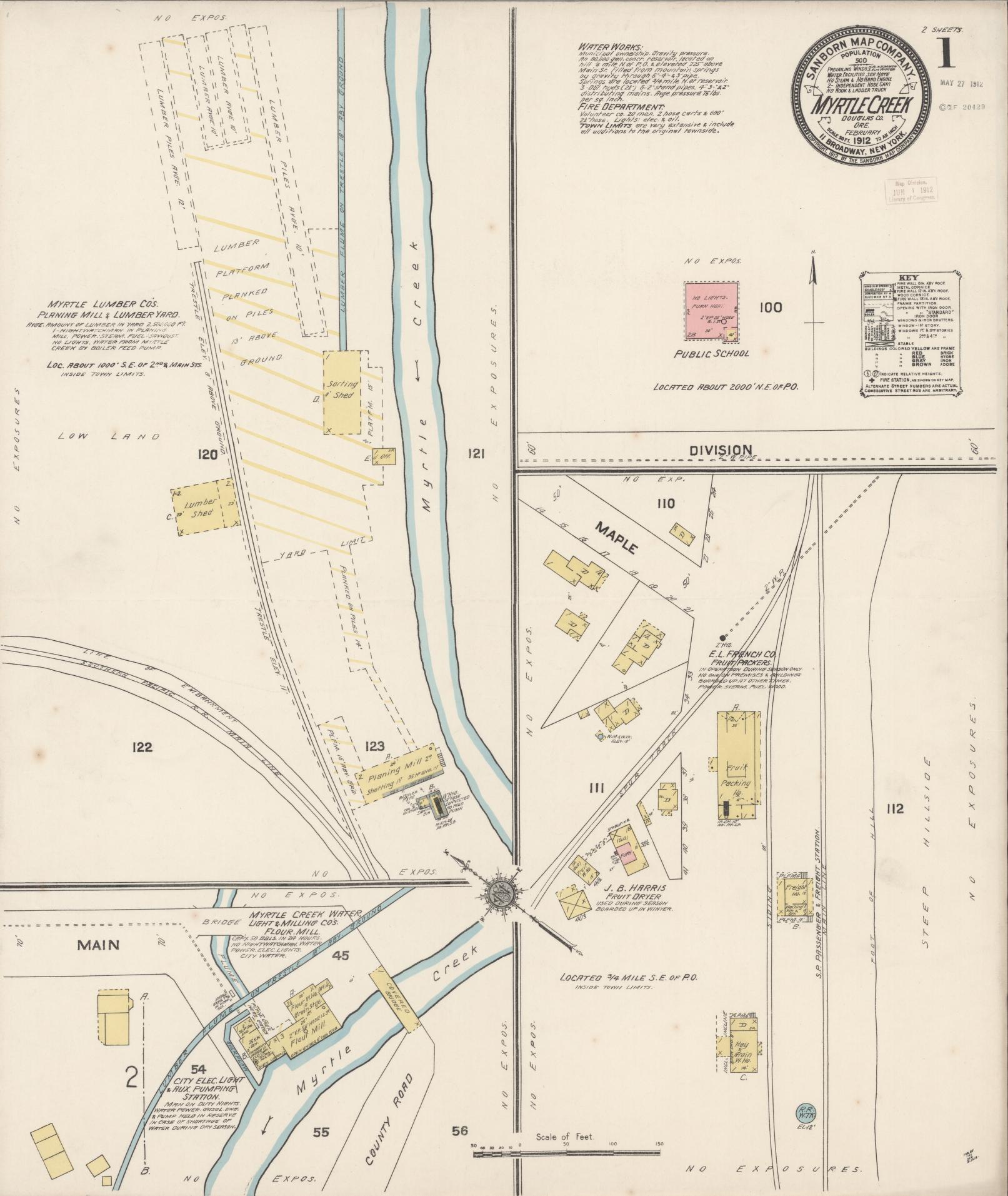 Sanborn Fire Insurance Map from Myrtle Creek, Douglas County, Oregon (1912), Sheet #0001 - Complete Map Set gallery image, historic Sanborn map, vintage wall art, Oregon Oregon