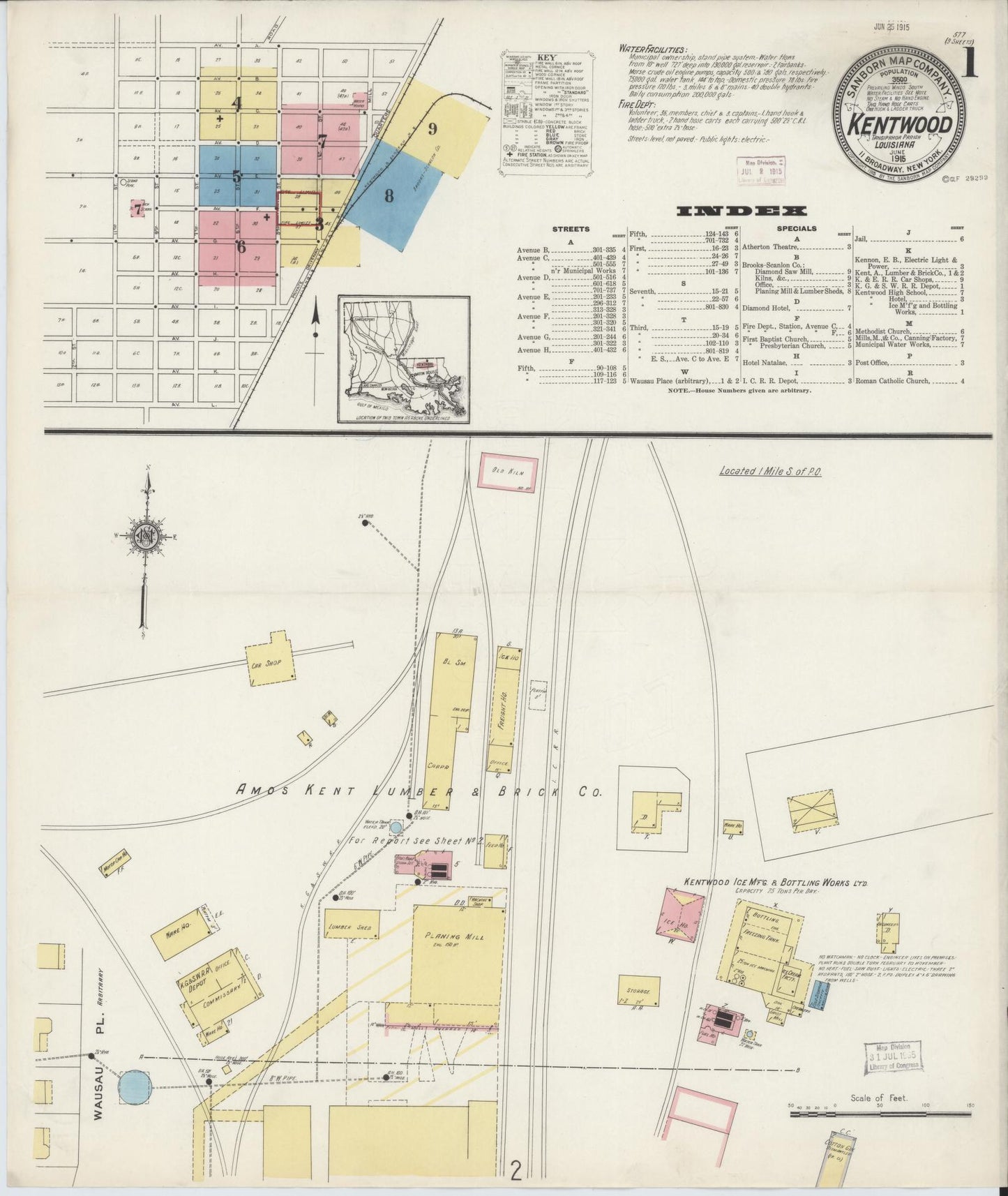 Sanborn Fire Insurance Map from Kentwood, Tangipahoa Parish, Louisiana (1915), Sheet #0001 - Complete Map Set gallery image, historic Sanborn map, vintage wall art, Louisiana Louisiana