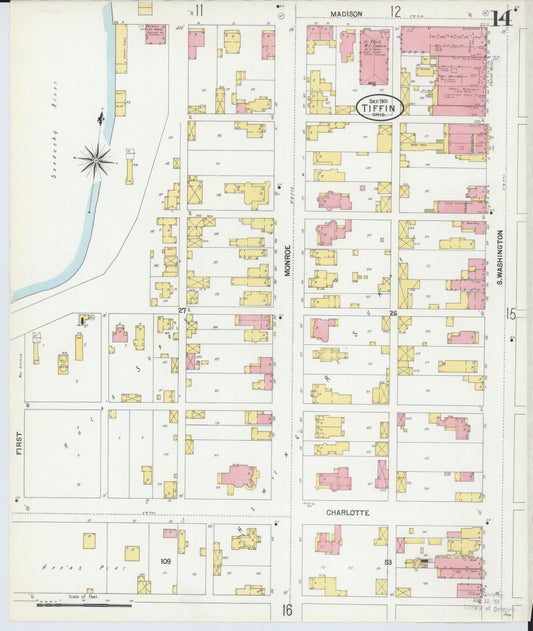 Sanborn Fire Insurance Map from Tiffin, Seneca County, Ohio (1901), Sheet #0014 - Historic Sanborn Fire Insurance Map Print, vintage old map wall art, antique decor, genealogy gift, Ohio Ohio map