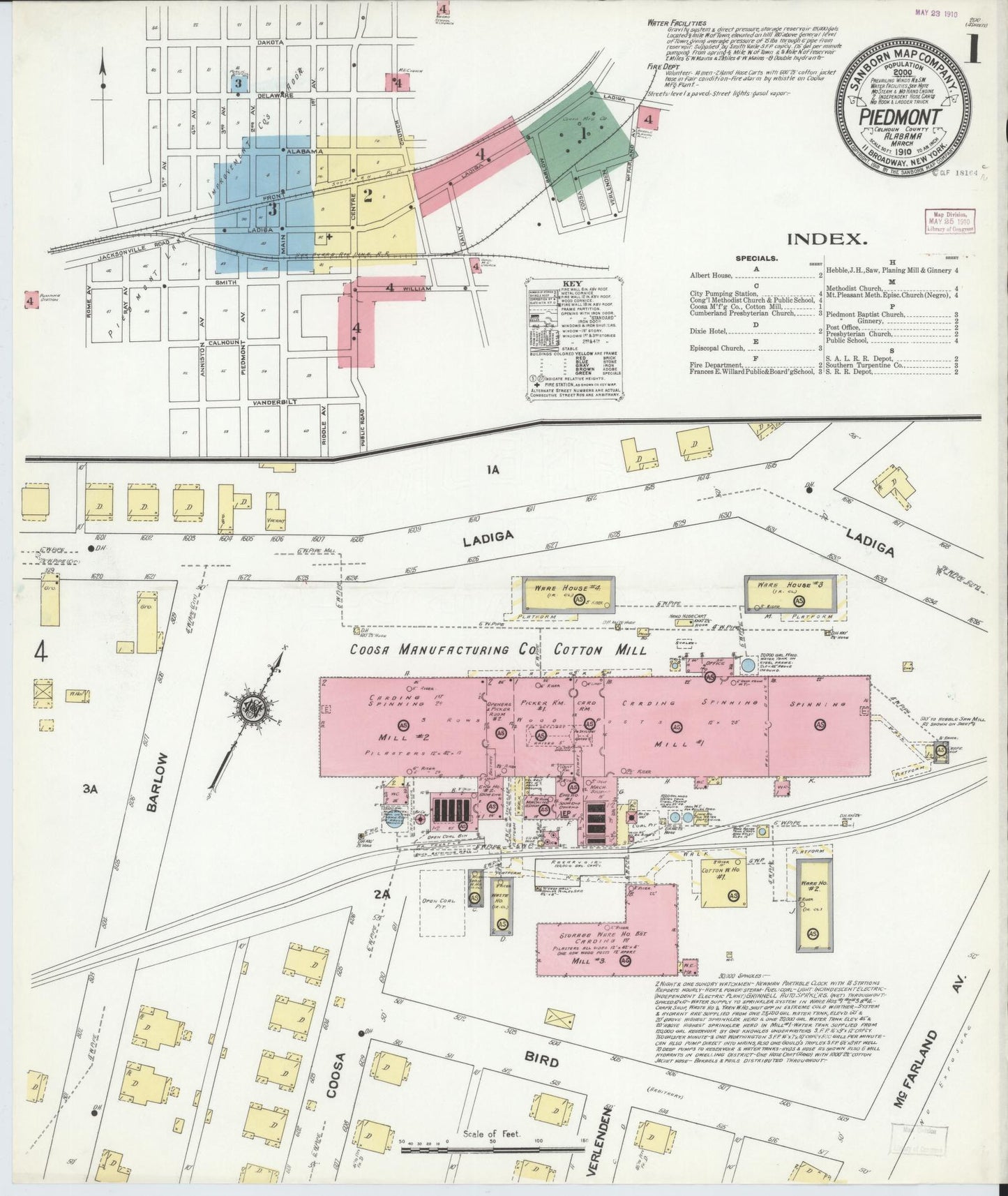 Sanborn Fire Insurance Map from Piedmont, Calhoun County, Alabama (1910), Sheet #0001 - Complete Map Set gallery image, historic Sanborn map, vintage wall art, Alabama Alabama