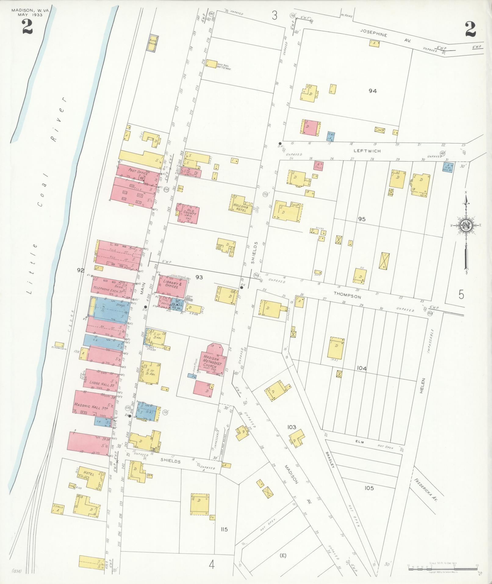 Sanborn Fire Insurance Map from Madison, Boone County, West Virginia (1933), Sheet #0002 - Historic Sanborn Fire Insurance Map Print, vintage old map wall art, antique decor, genealogy gift, West Virginia West Virginia map